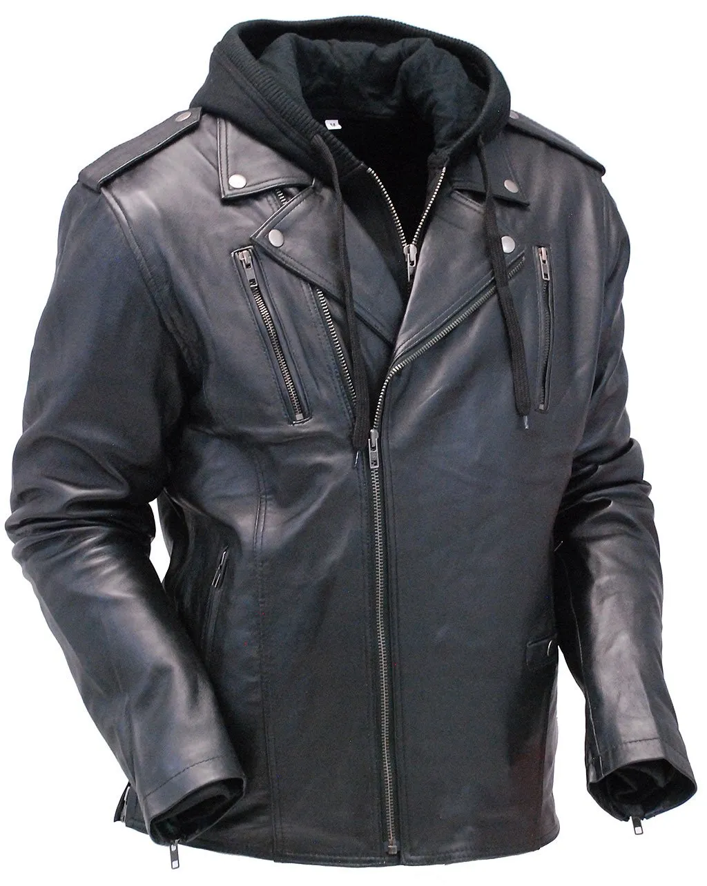 Men's Soft Black Leather Motorcycle Jacket w/Hoodie #M6925VHGK