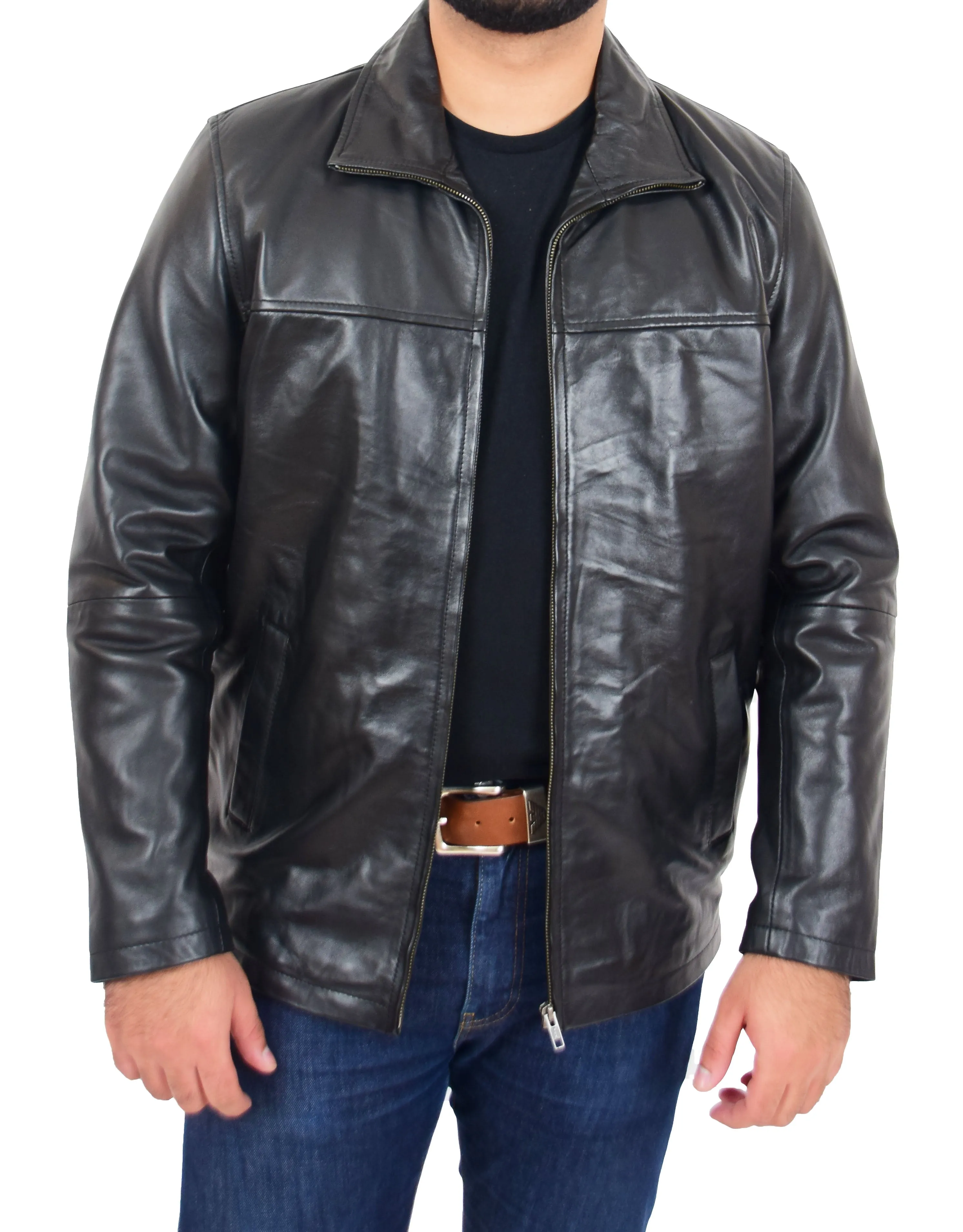 Mens Soft Black Nappa Leather Jacket Zip Box Detachable Front Collar Regular Fit Derek