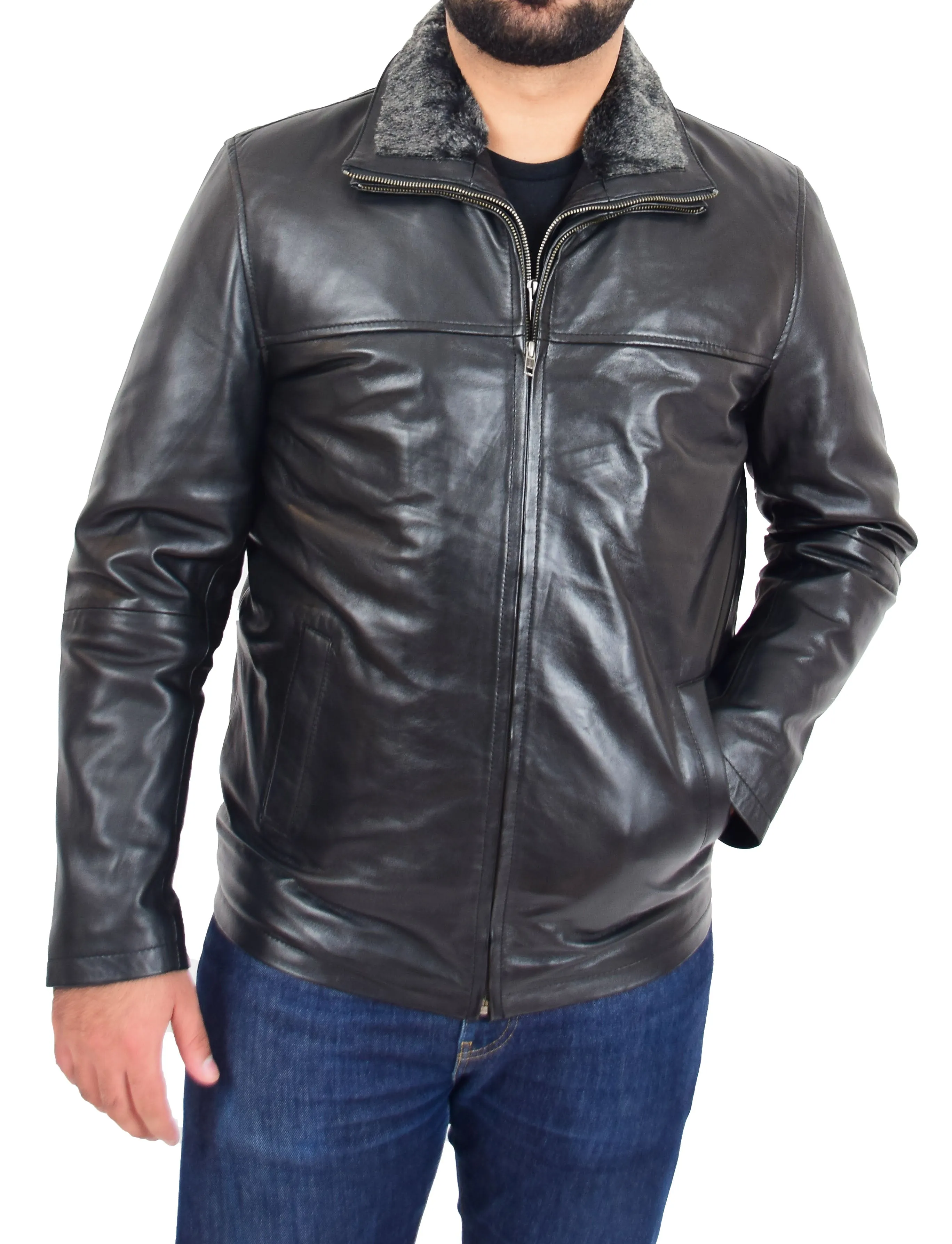 Mens Soft Black Nappa Leather Jacket Zip Box Detachable Front Collar Regular Fit Derek