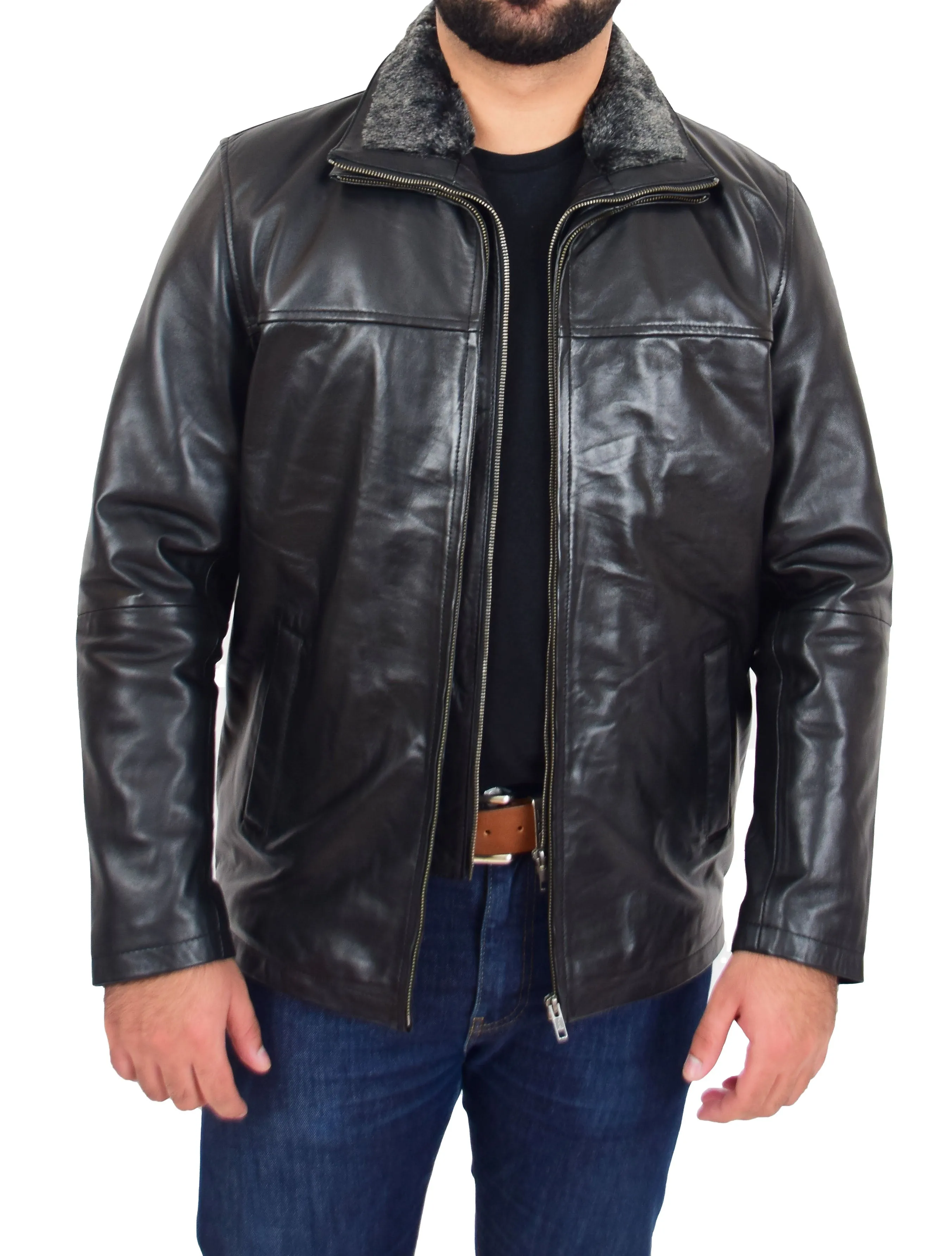 Mens Soft Black Nappa Leather Jacket Zip Box Detachable Front Collar Regular Fit Derek