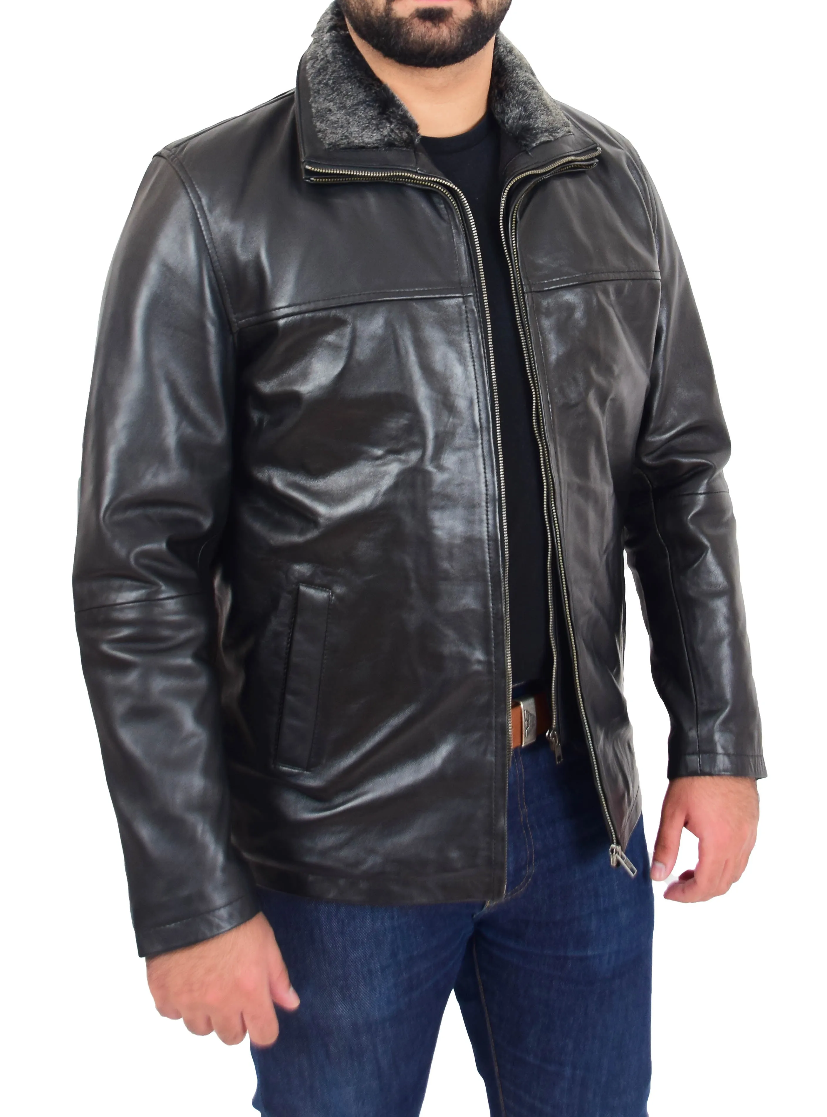 Mens Soft Black Nappa Leather Jacket Zip Box Detachable Front Collar Regular Fit Derek