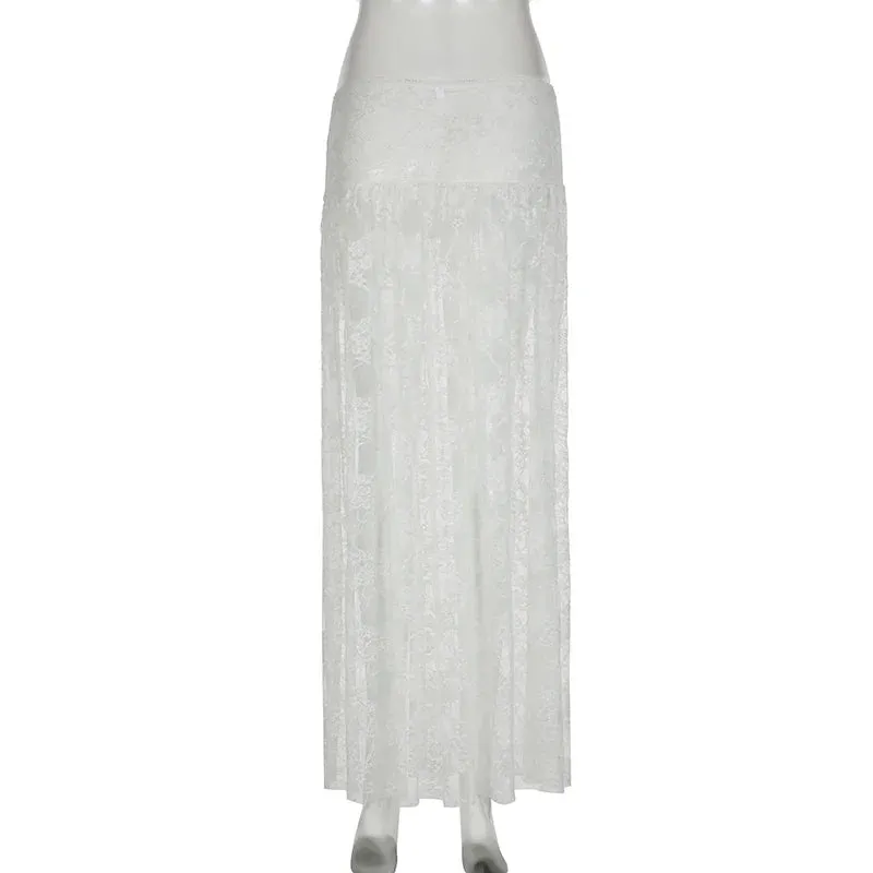 Metaversmall Fashion Sexy White Lace Skirt See Through Outfits Bow Solid Clubwear Loose Y2K Hot Holidays Long Skirt Women Bottoms