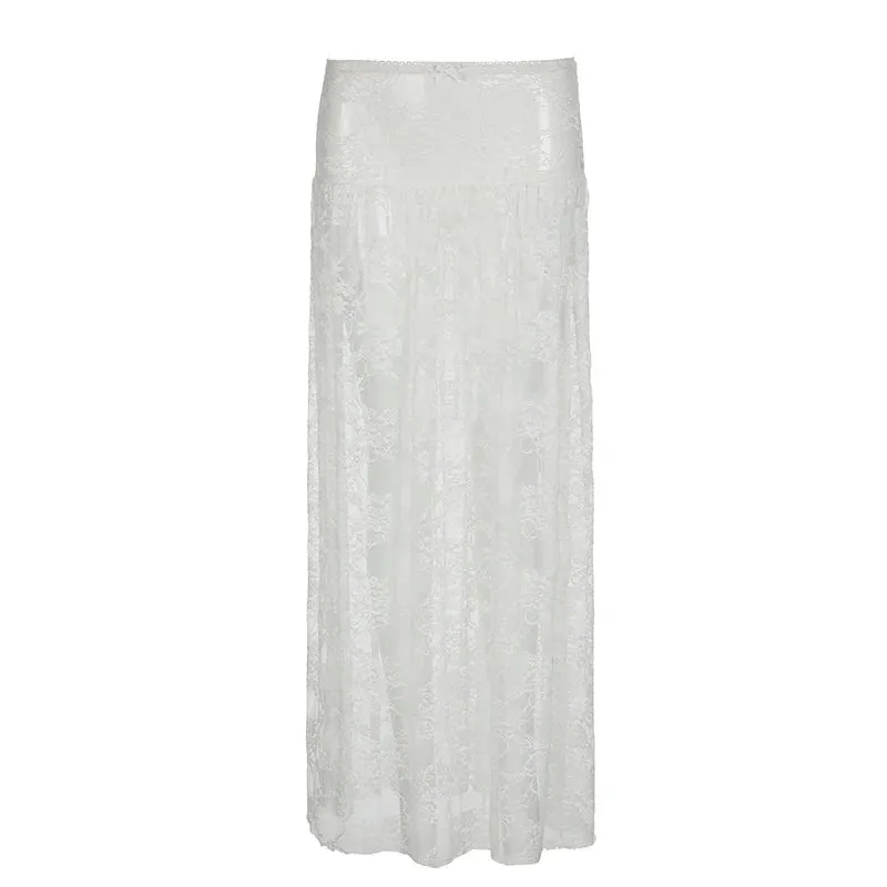 Metaversmall Fashion Sexy White Lace Skirt See Through Outfits Bow Solid Clubwear Loose Y2K Hot Holidays Long Skirt Women Bottoms