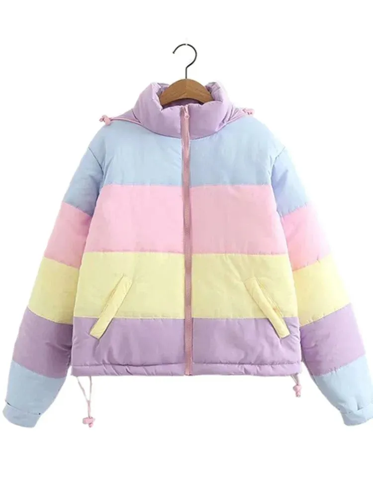 Metaversmall Makaron Color Women Cotton Coats Hooded  Padded Thicken Warm Winter Jacket Patchwork Outwear Mujers Parkas