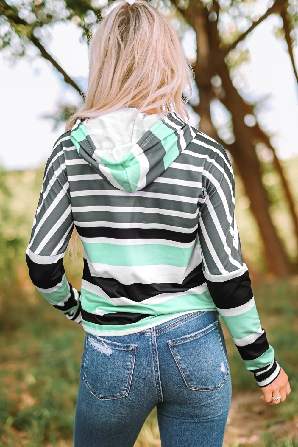 Multicolor Striped Drawstring Pullover Hoodie