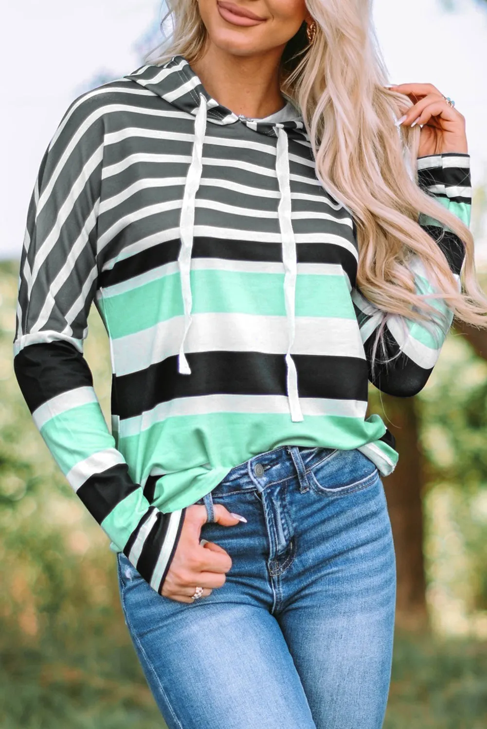 Multicolor Striped Drawstring Pullover Hoodie