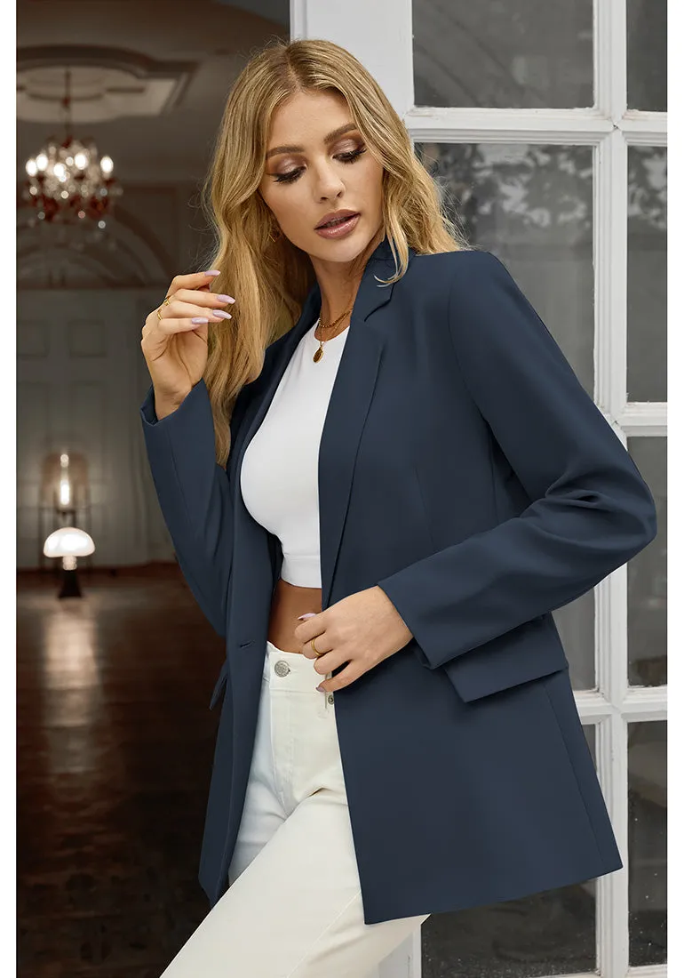 Navy Blue Women's Office Casual Long Sleeve Pocket Blazer Jacket