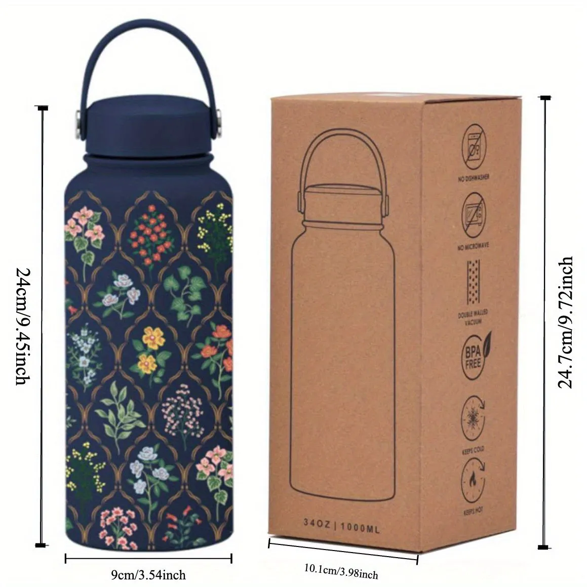 New 33.81oz Insulated Stainless Steel Water Bottle - Large Capacity, Wide Mouth, Portable Vacuum Sports Cup For Women - Reusable, Hand-Wash Only