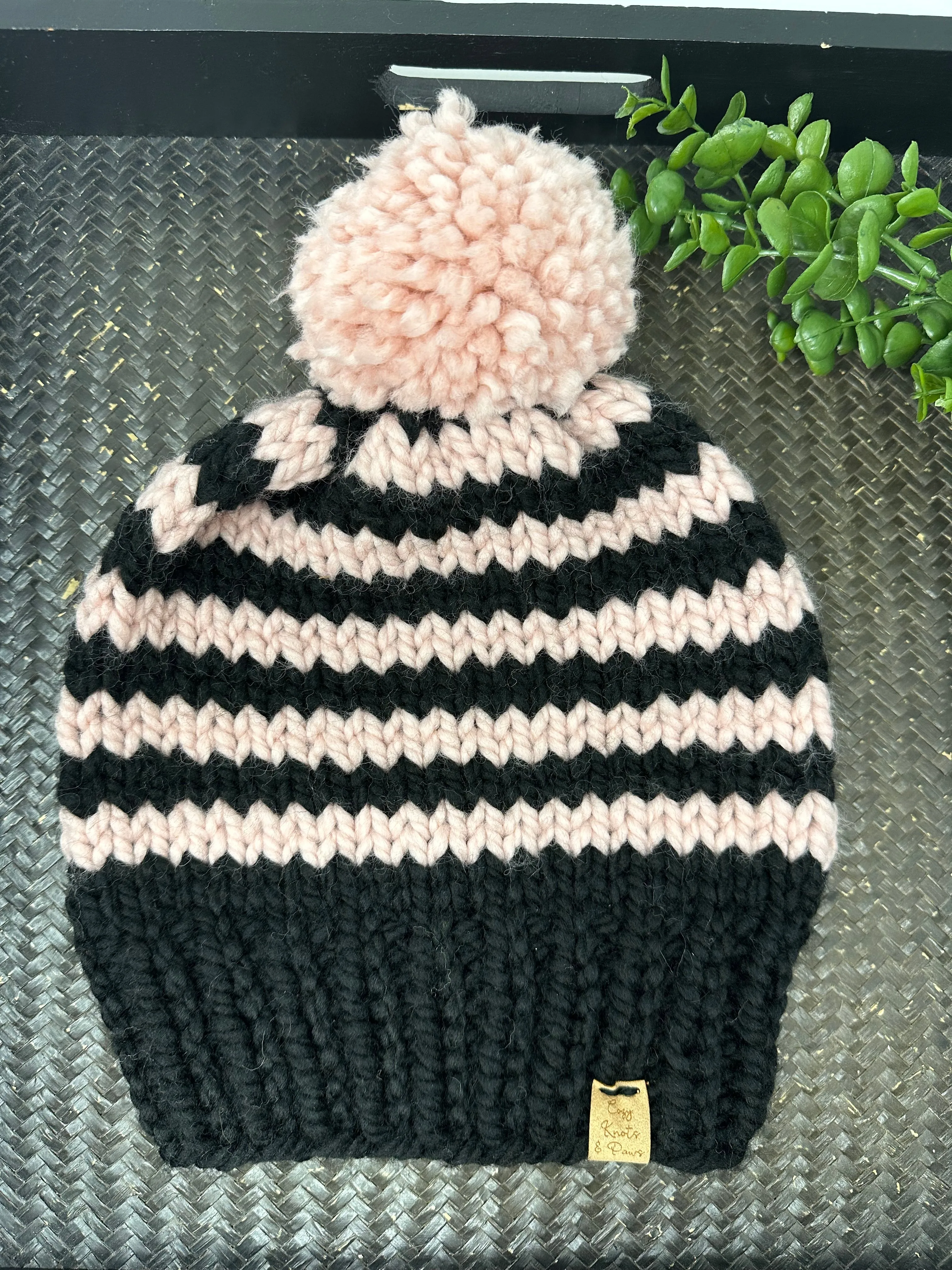 Pink & Black Stripe Adult Beanie