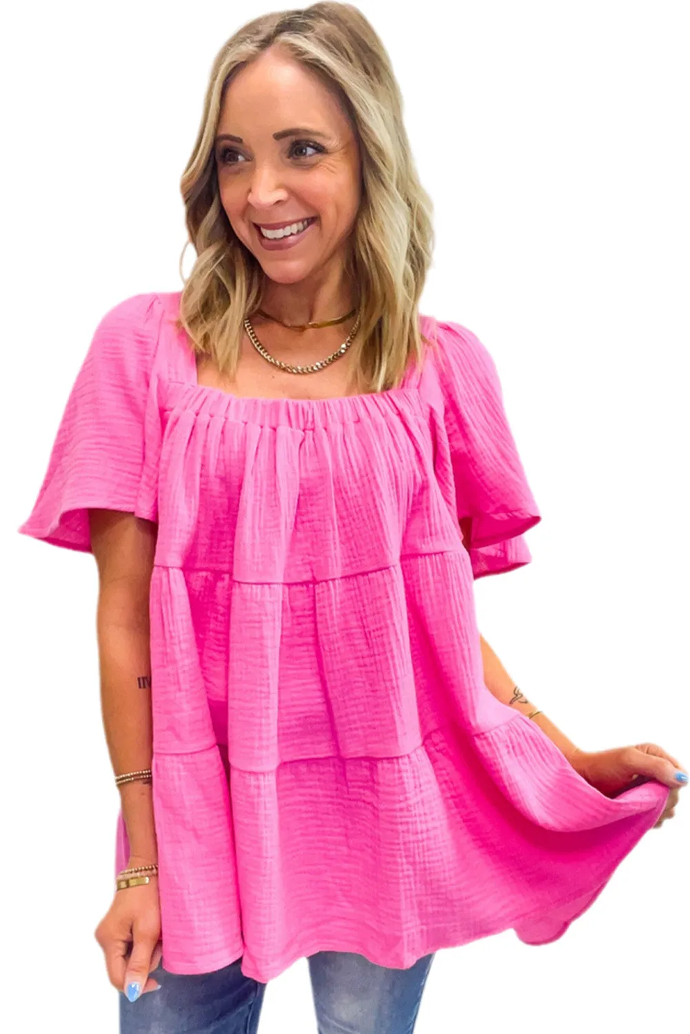 Pink Crinkled Flounce Sleeve Tiered Blouse