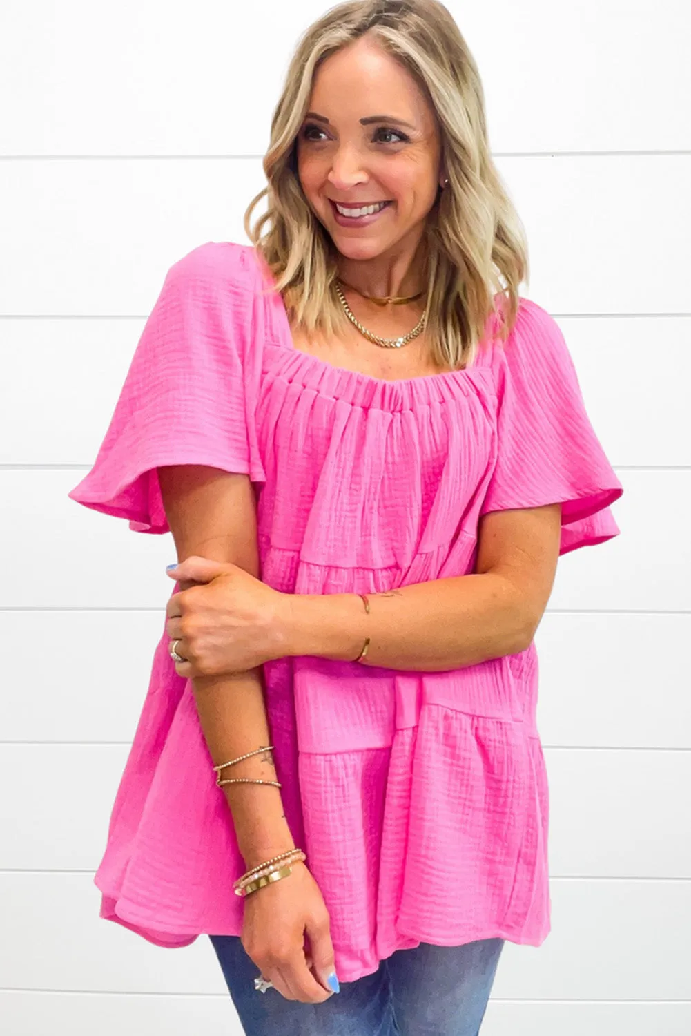 Pink Crinkled Flounce Sleeve Tiered Blouse