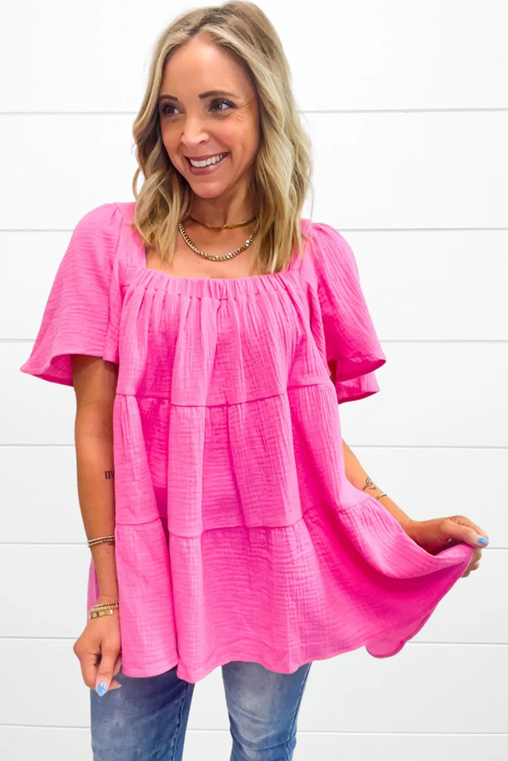 Pink Crinkled Flounce Sleeve Tiered Blouse