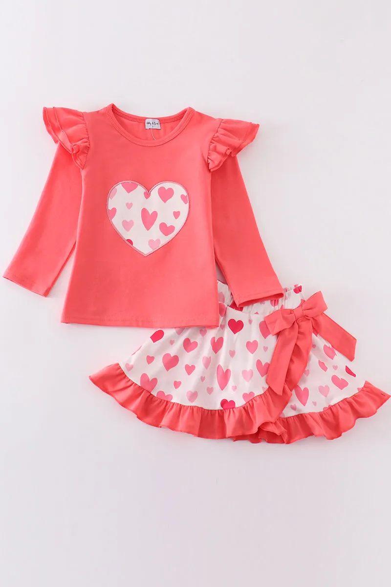 Pink valentine heart ruffle girl skirt set