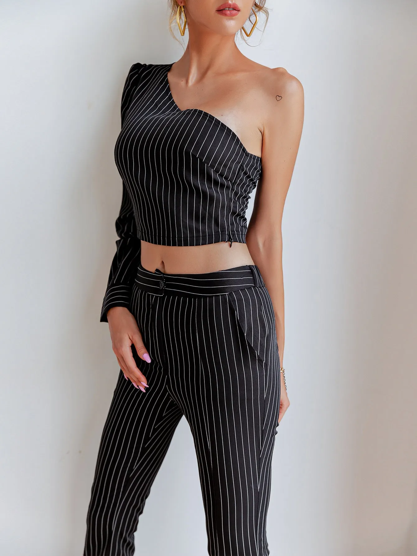 Pinstripe One-Shoulder Top and Slit Ankle Pants Set