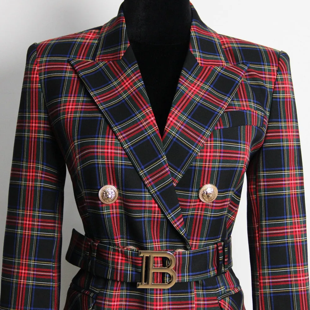 Plaid Double-Breasted Blazer Dress with Belt