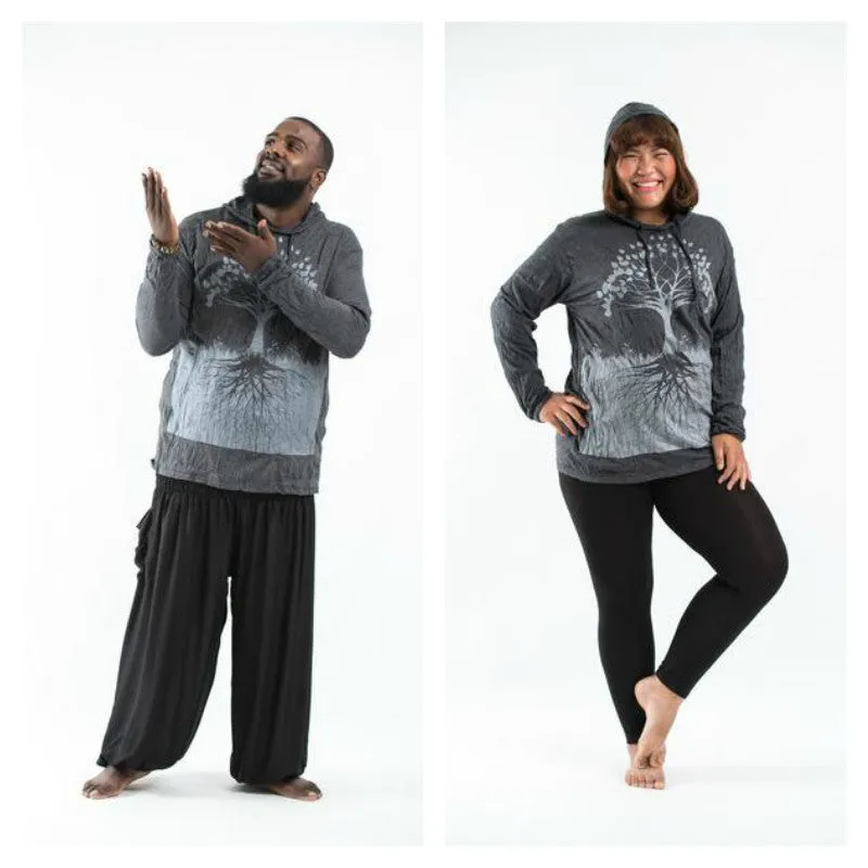 Plus Size Unisex Tree of Life Hoodie in Silver on Black