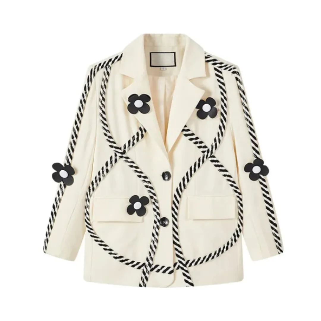 Pre Order:  Rope 3D Flower Collar White Blazer