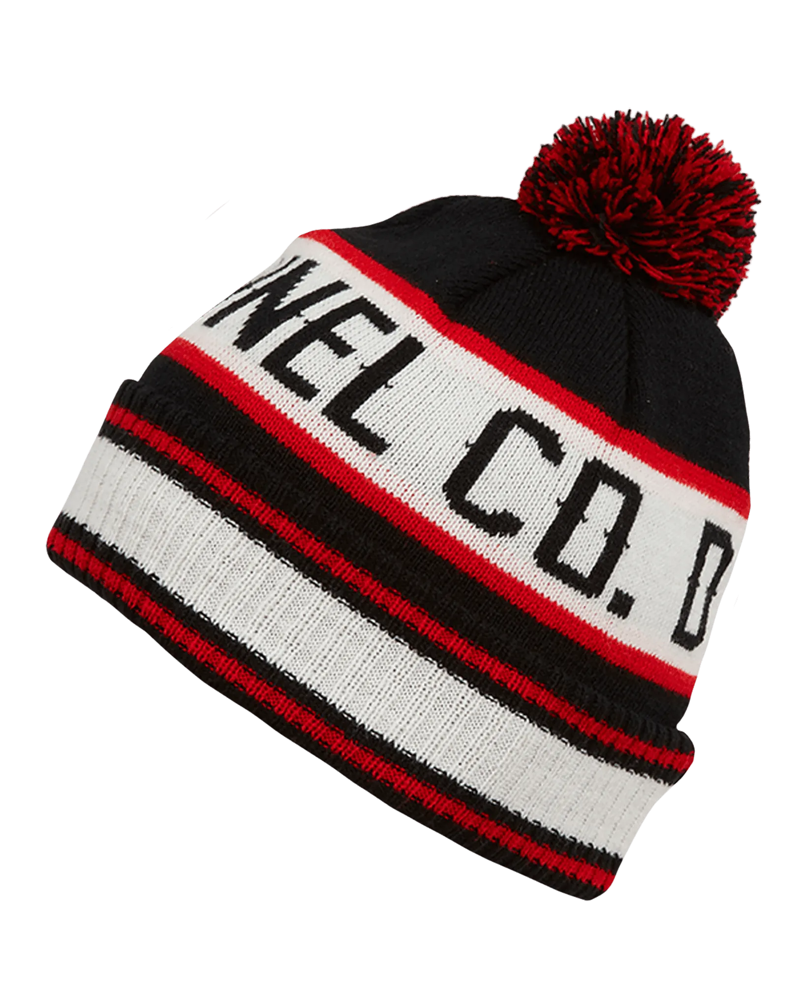 Puff Ball Beanie - Black, Red, & White