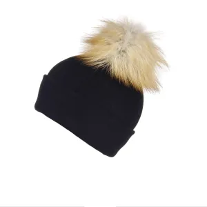 Reversible Slouchy Black Cashmere Hat with Light Caramel Pom-Pom