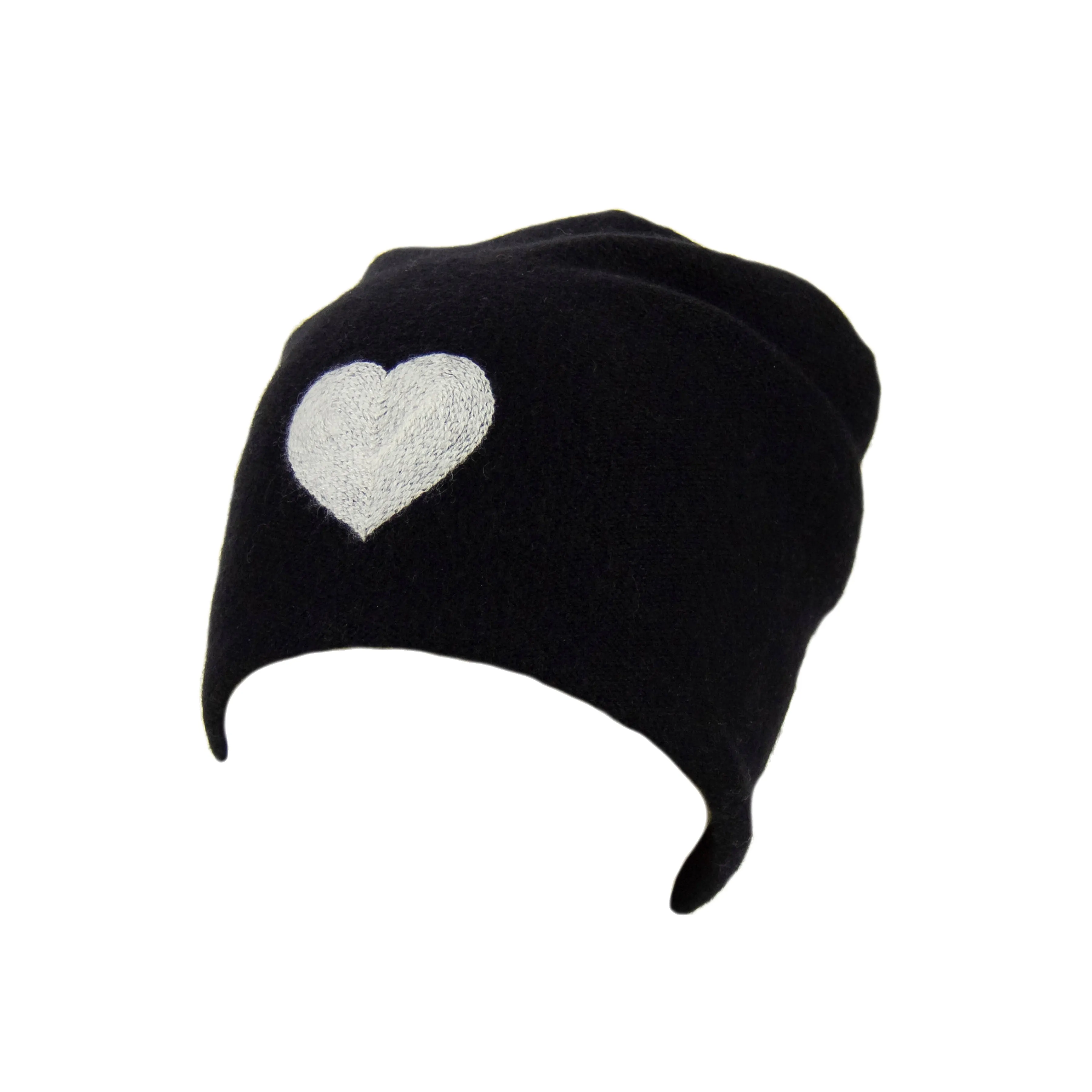 Reversible Slouchy Black Cashmere Hat with White Heart and Black Pom-Pom