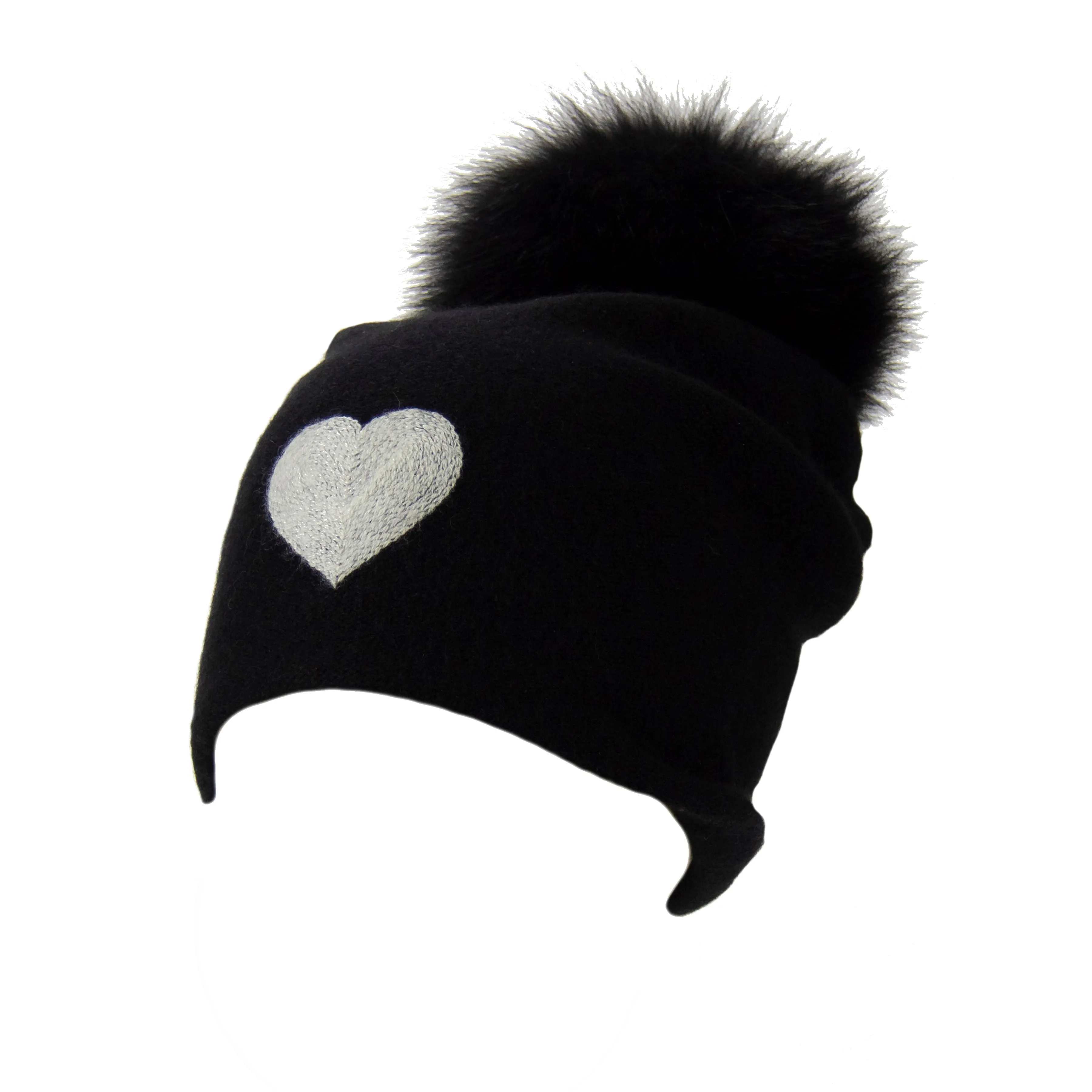 Reversible Slouchy Black Cashmere Hat with White Heart and Black Pom-Pom