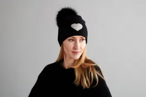 Reversible Slouchy Black Cashmere Hat with White Heart and Black Pom-Pom