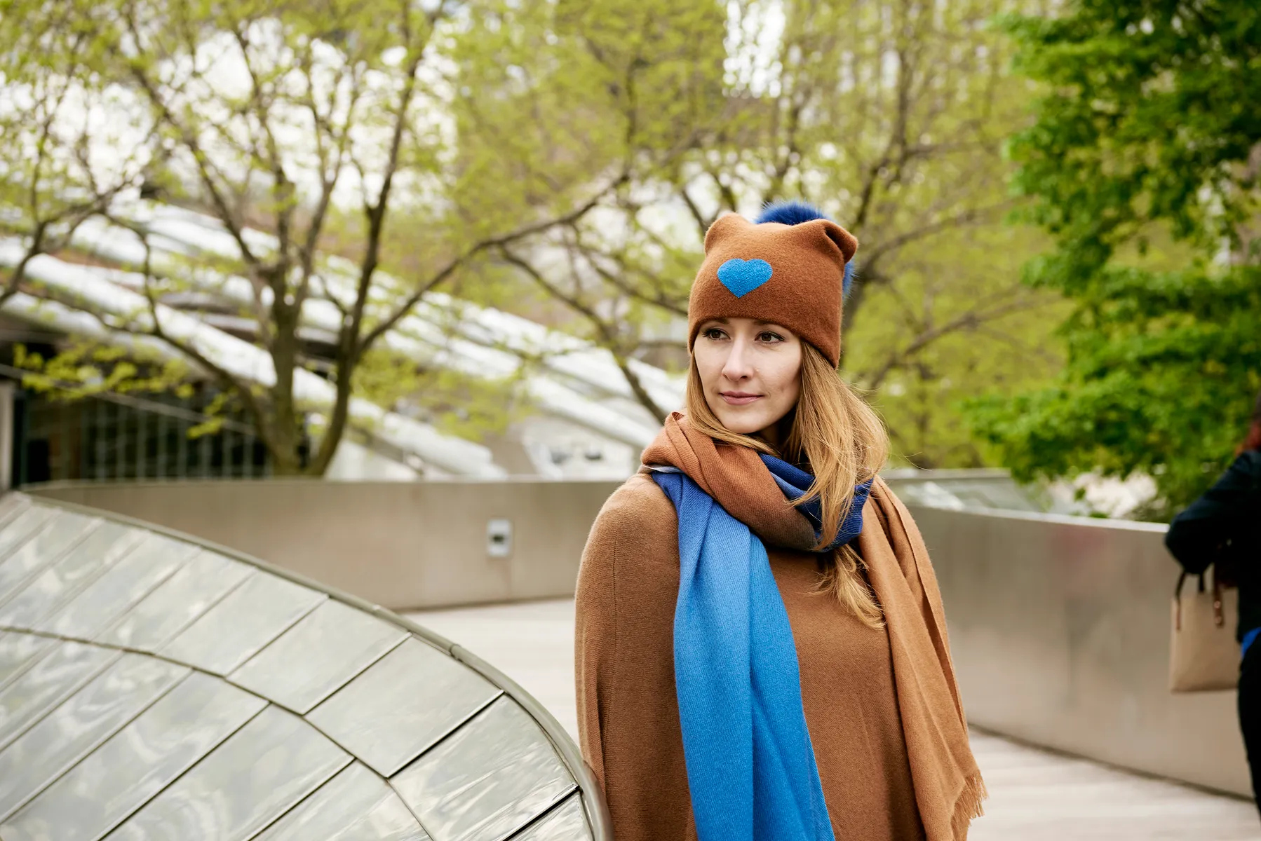 Reversible Slouchy Caramel Cashmere Hat with Blue Heart and Electric Blue Pom-Pom