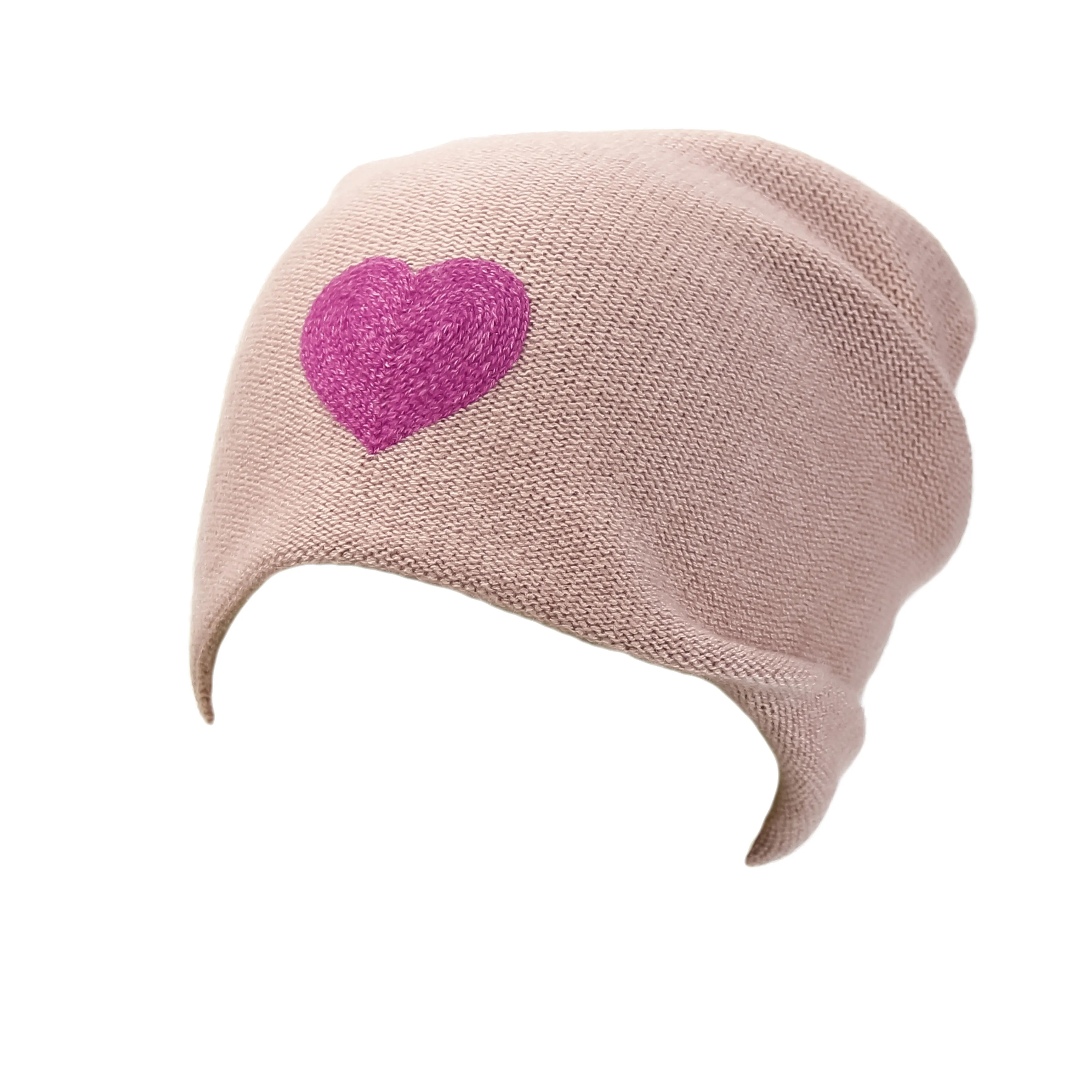 Reversible Slouchy Rose Cashmere Hat with Pink Heart and Electric Blue Pom-Pom