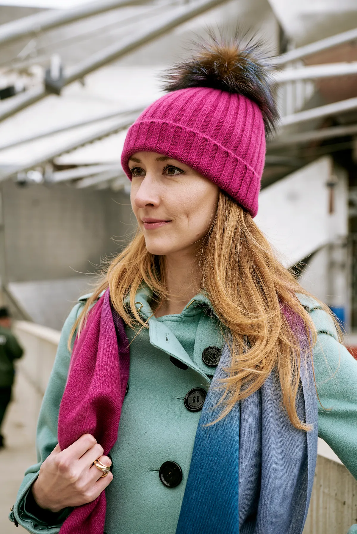 Ribbed Fuchsia Cashmere Hat with Multi Colored Pom-Pom