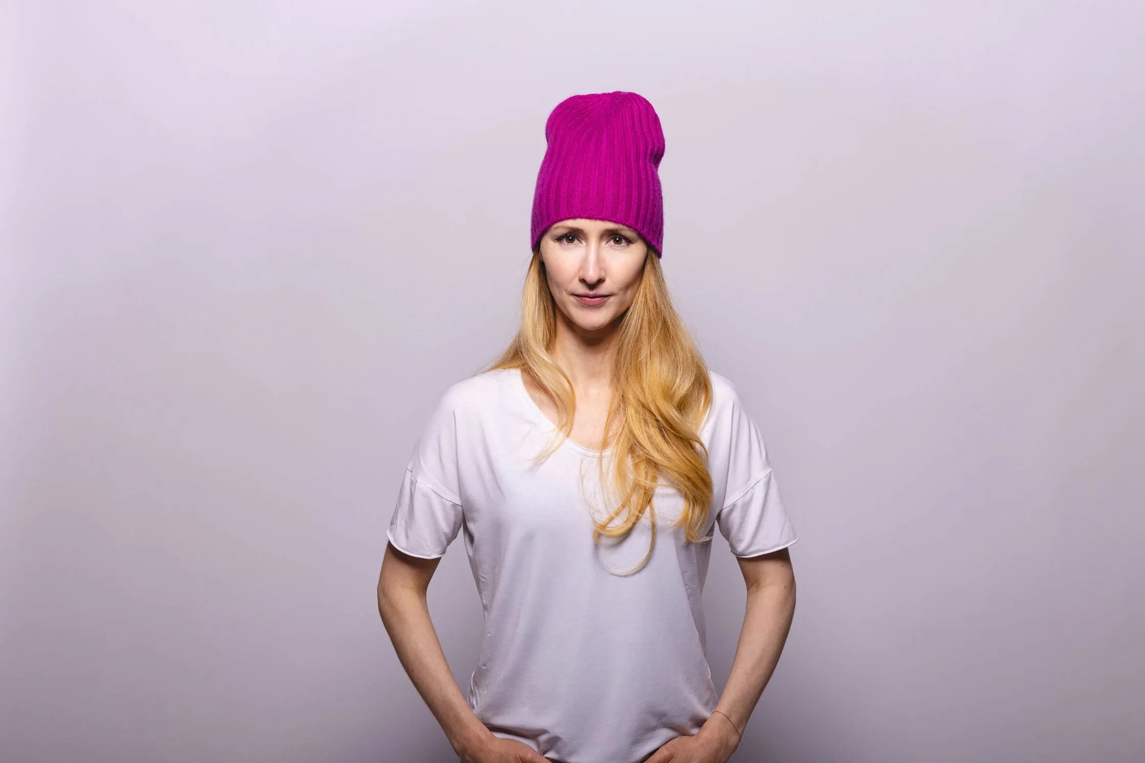 Ribbed Fuchsia Cashmere Hat with Multi Colored Pom-Pom