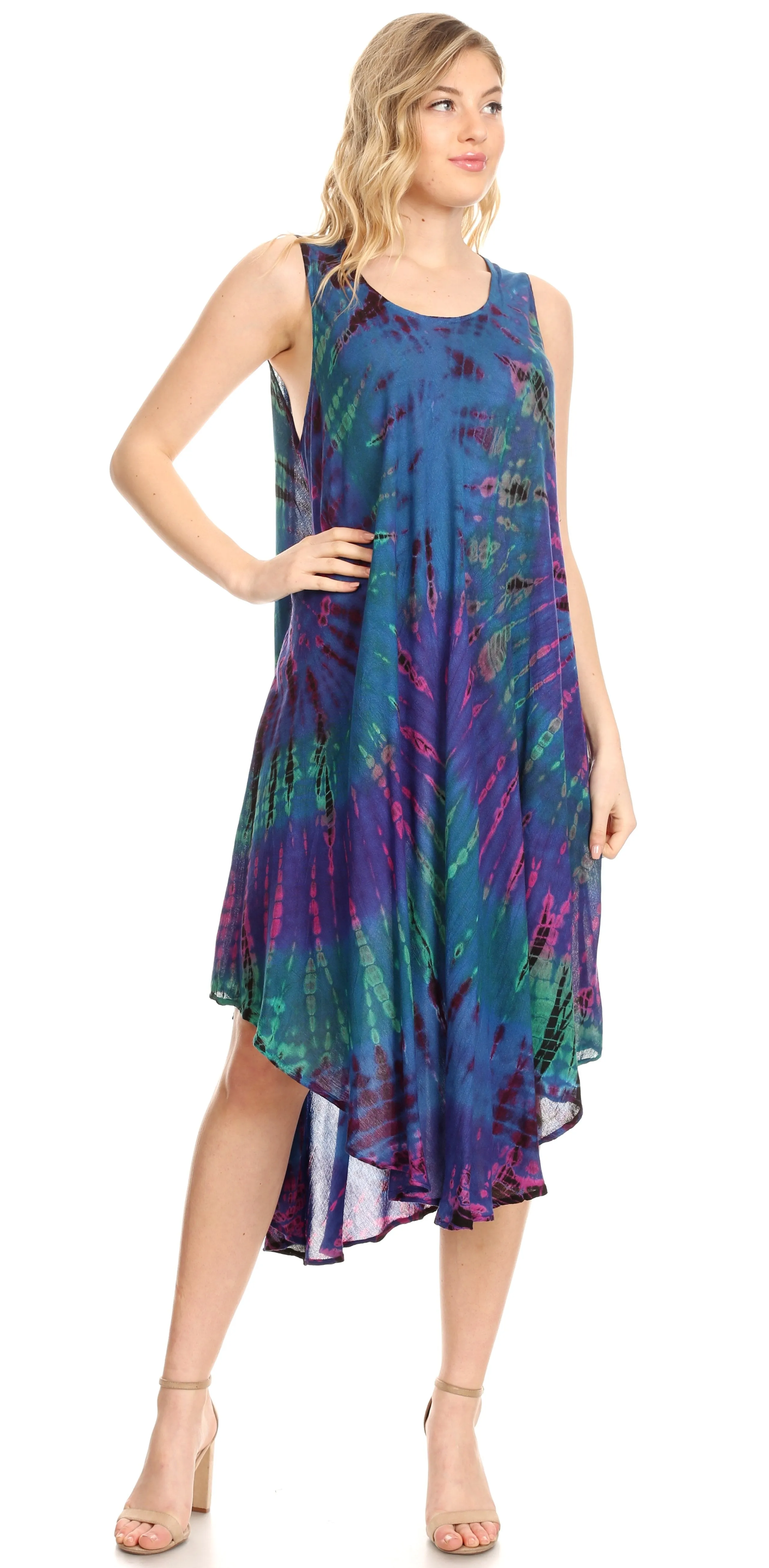 Sakkas Eula Boho Sleeveless Tie Dye Long Tank Caftan Sundress / Beach Cover Up