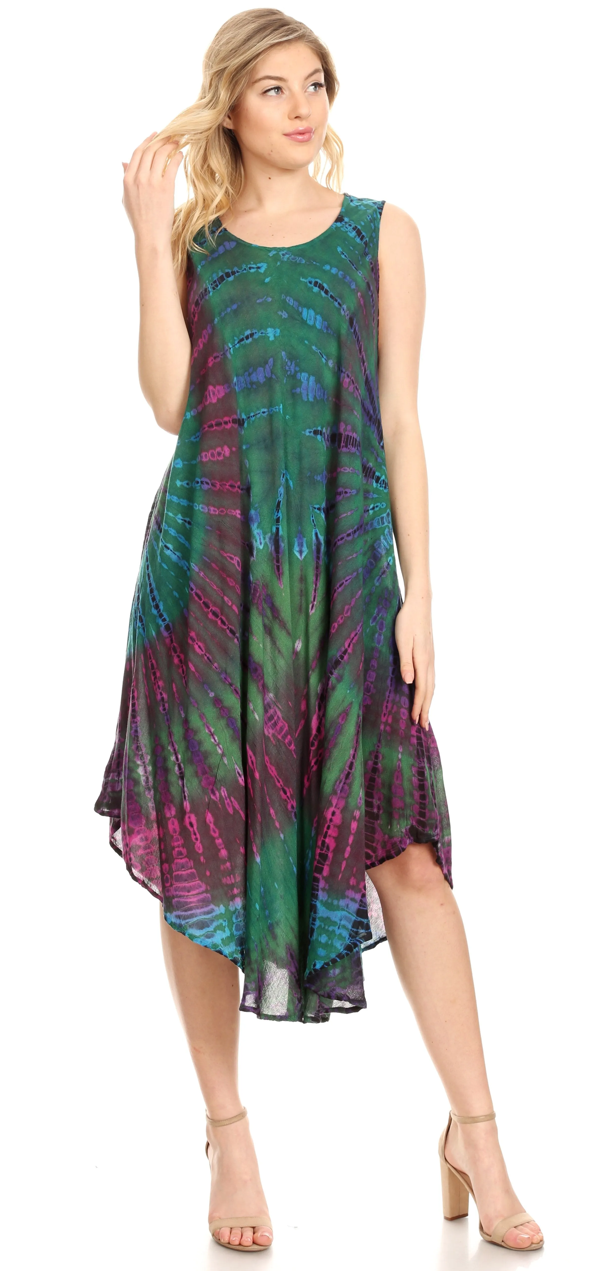 Sakkas Eula Boho Sleeveless Tie Dye Long Tank Caftan Sundress / Beach Cover Up