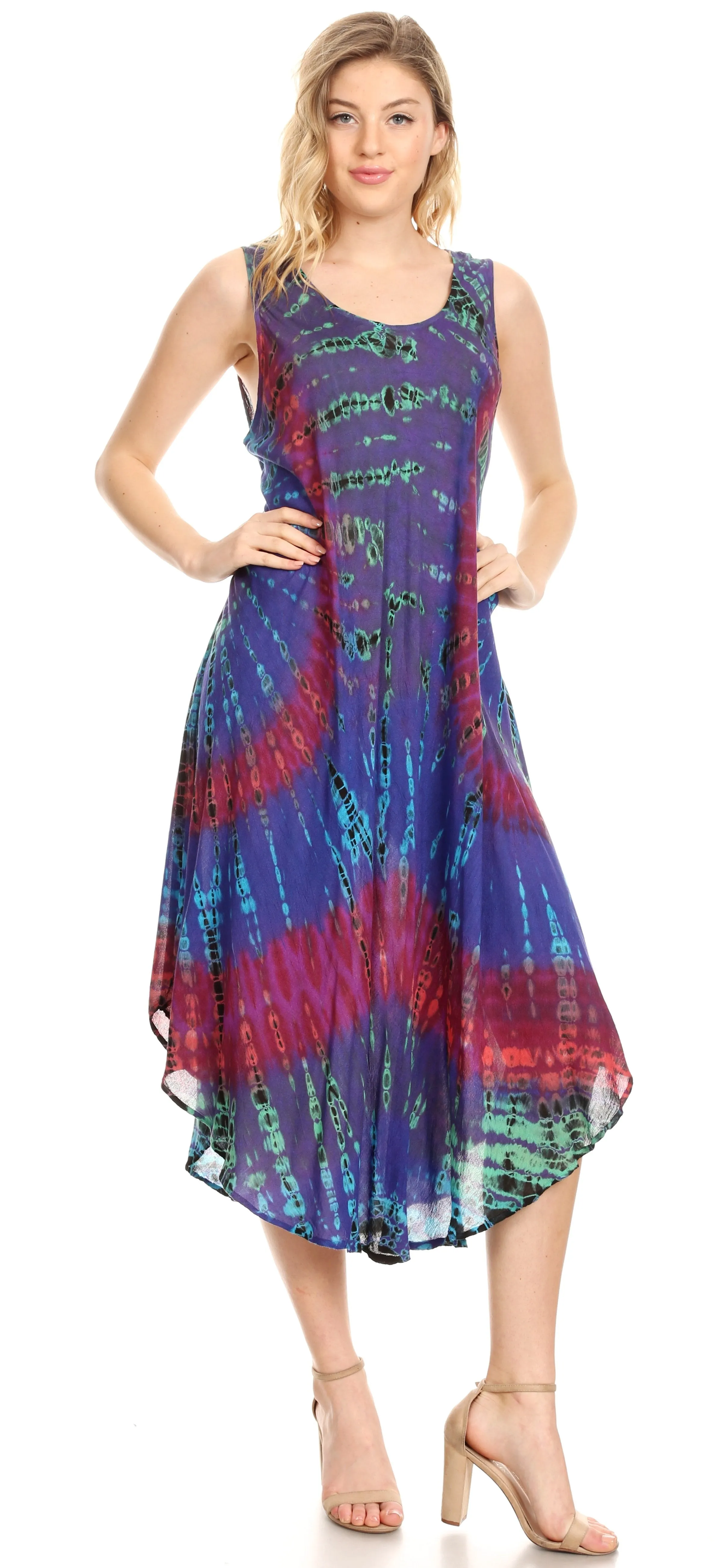 Sakkas Eula Boho Sleeveless Tie Dye Long Tank Caftan Sundress / Beach Cover Up