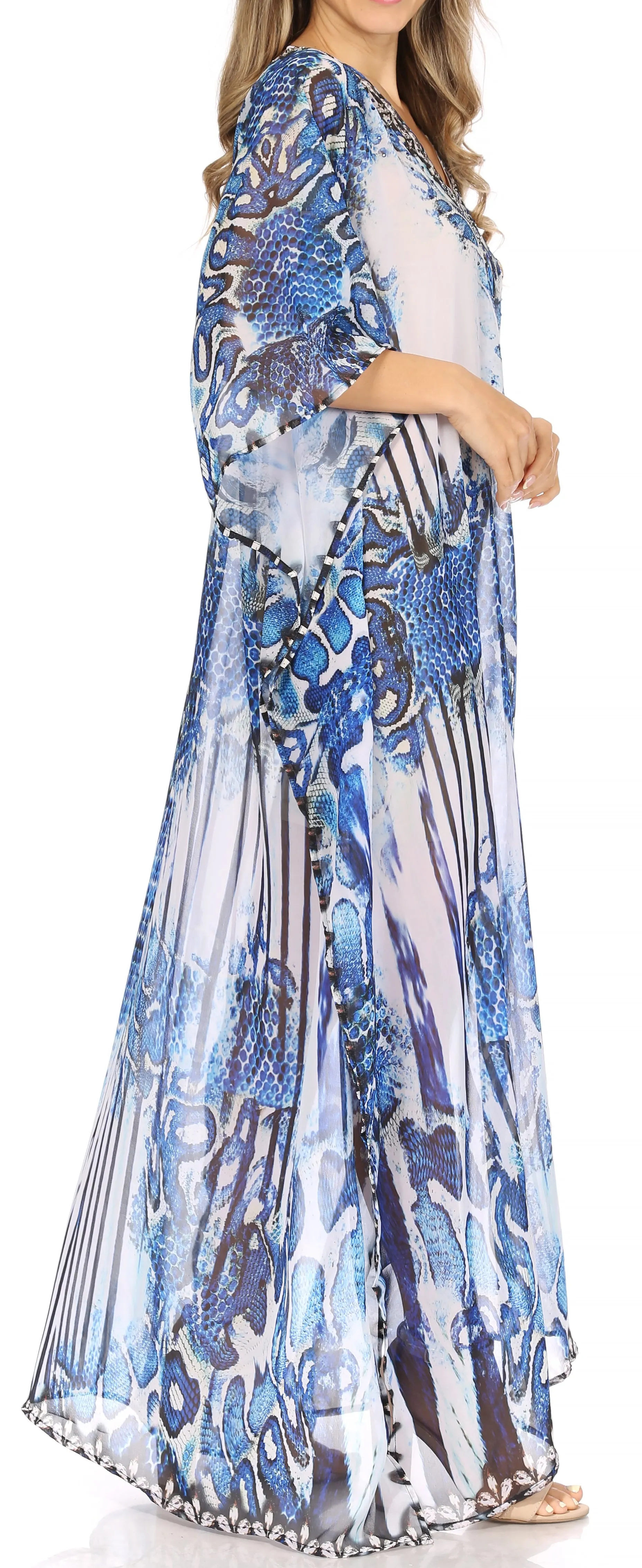 Sakkas Wilder Printed Design Long Sheer Rhinestone Caftan Dress / Cover Up