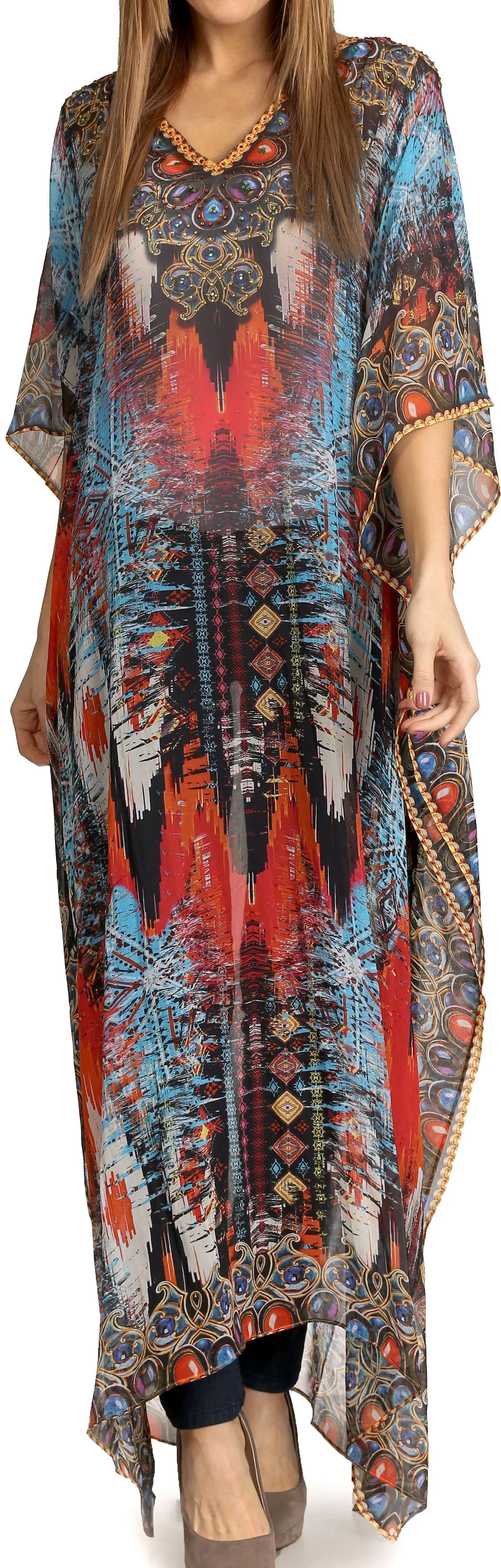 Sakkas Wilder Printed Design Long Sheer Rhinestone Caftan Dress / Cover Up