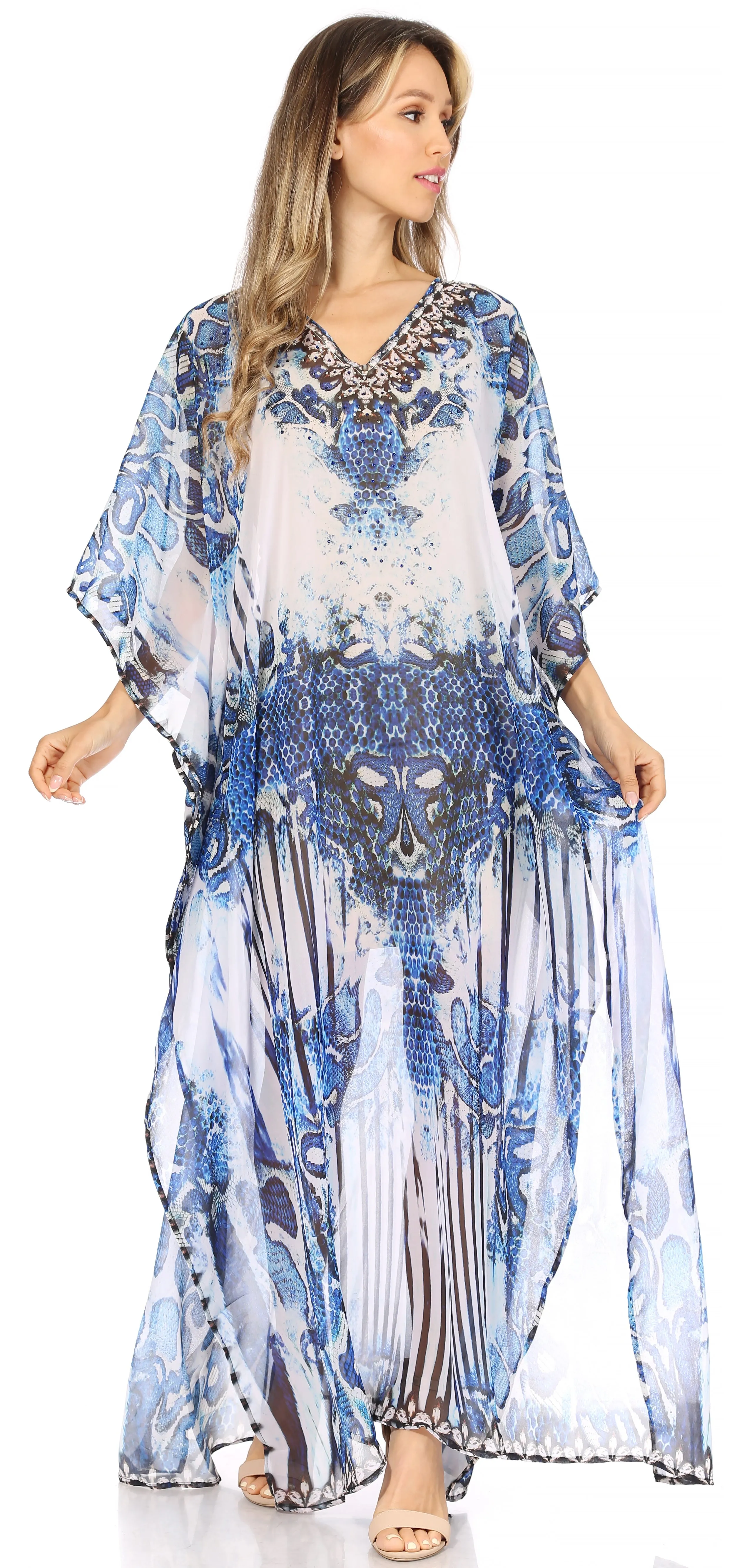 Sakkas Wilder Printed Design Long Sheer Rhinestone Caftan Dress / Cover Up