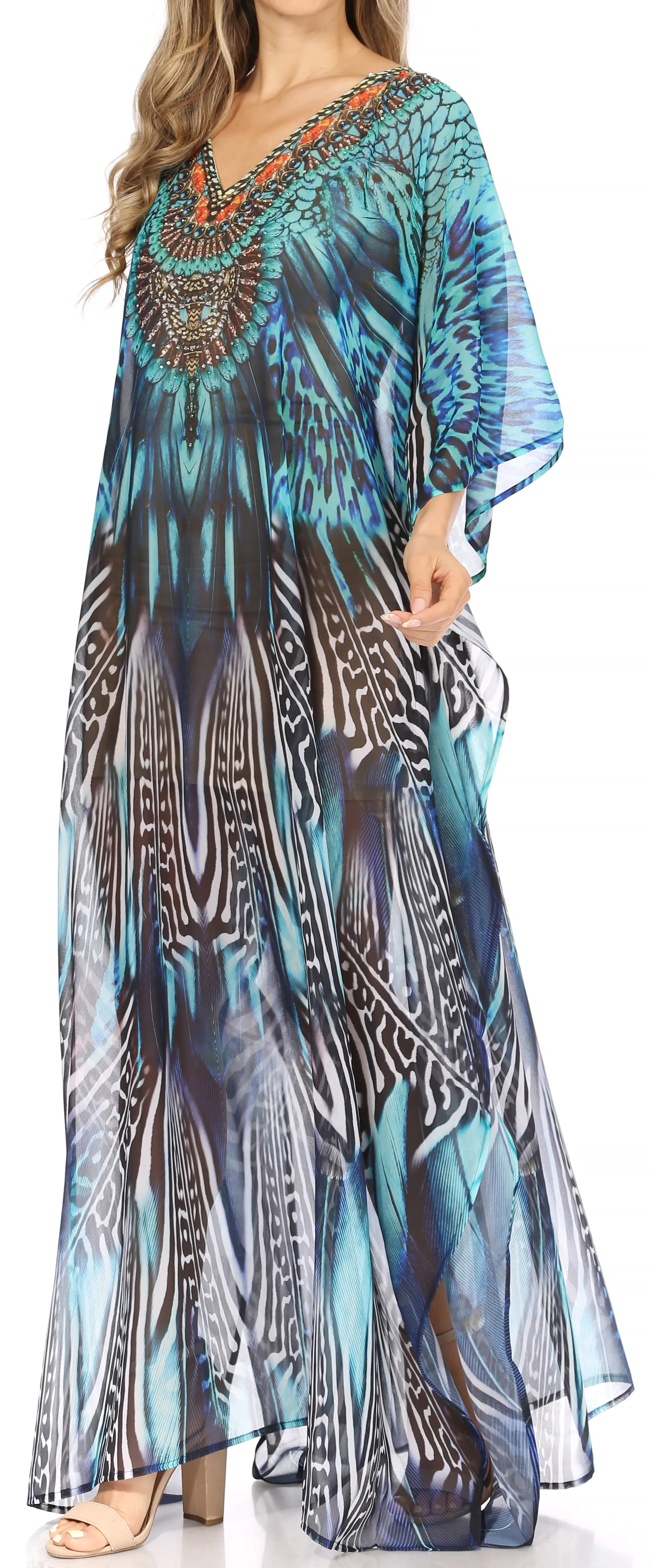 Sakkas Wilder Printed Design Long Sheer Rhinestone Caftan Dress / Cover Up