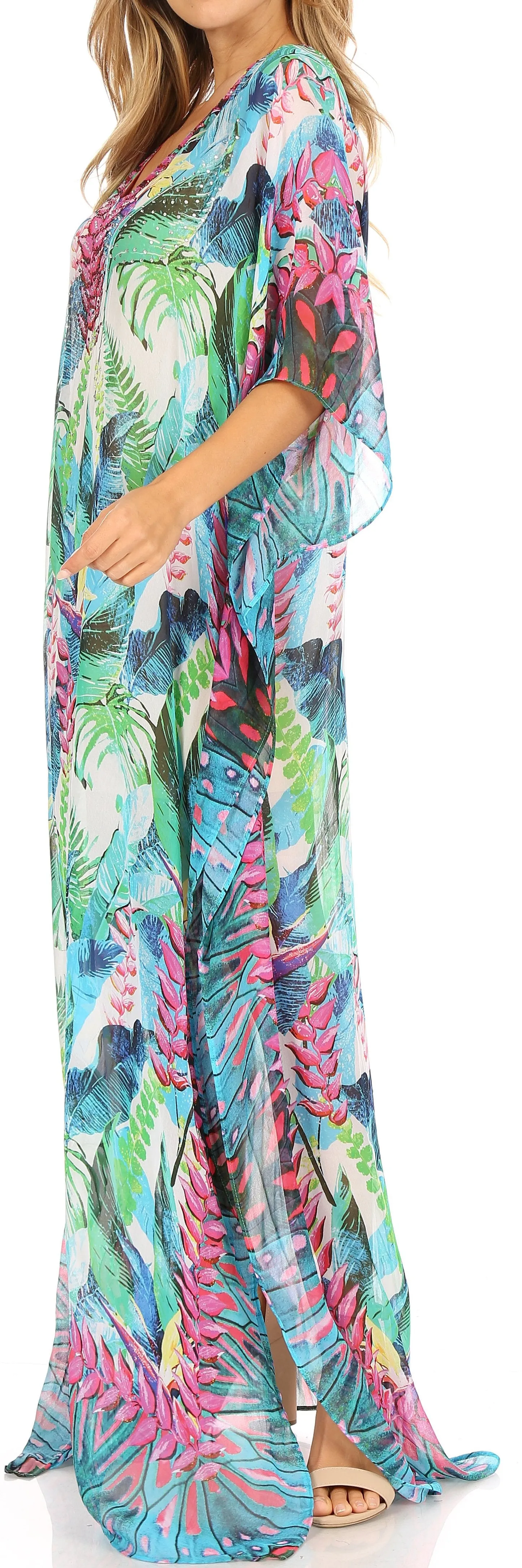 Sakkas Wilder Printed Design Long Sheer Rhinestone Caftan Dress / Cover Up