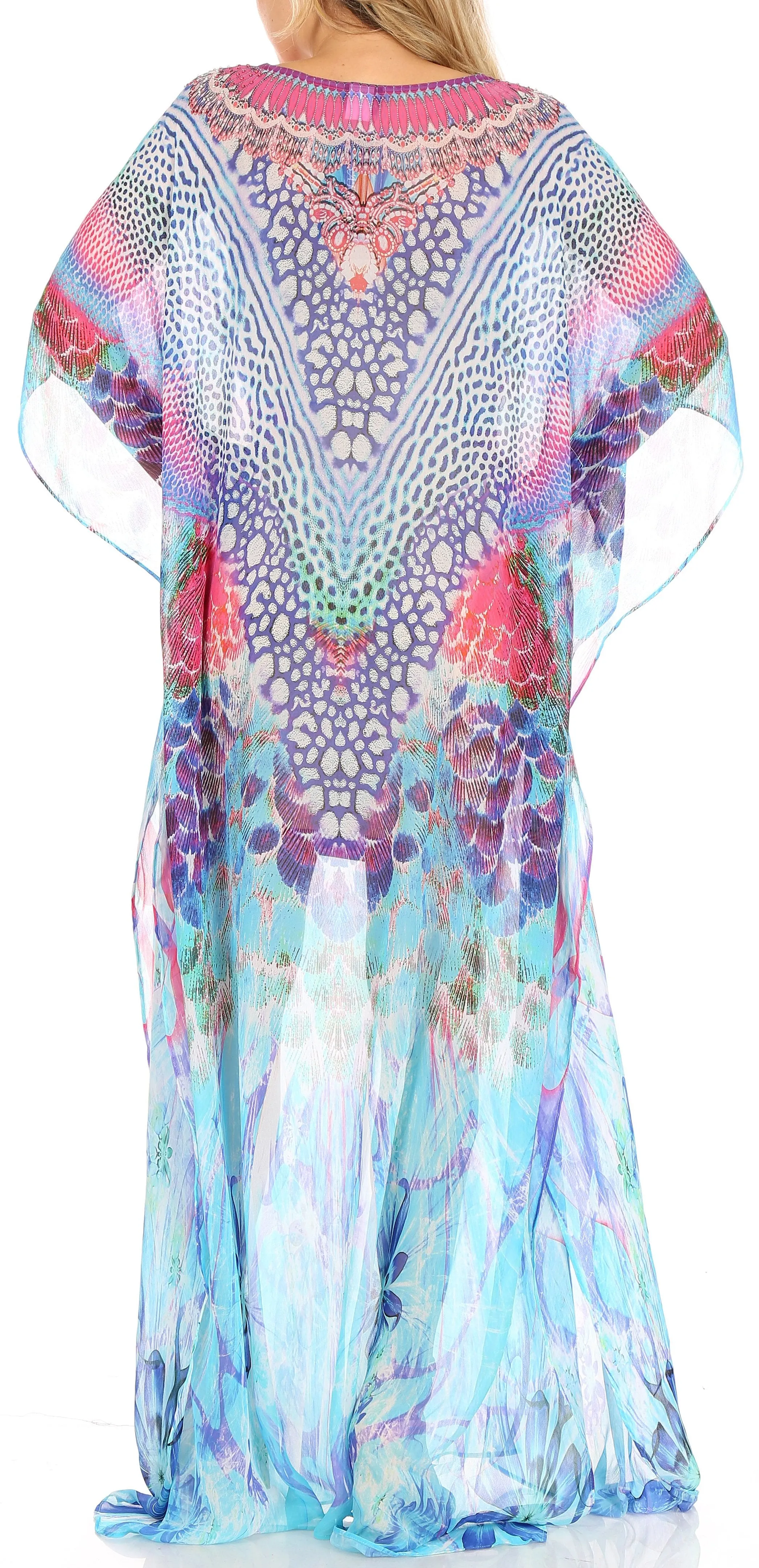 Sakkas Wilder Printed Design Long Sheer Rhinestone Caftan Dress / Cover Up