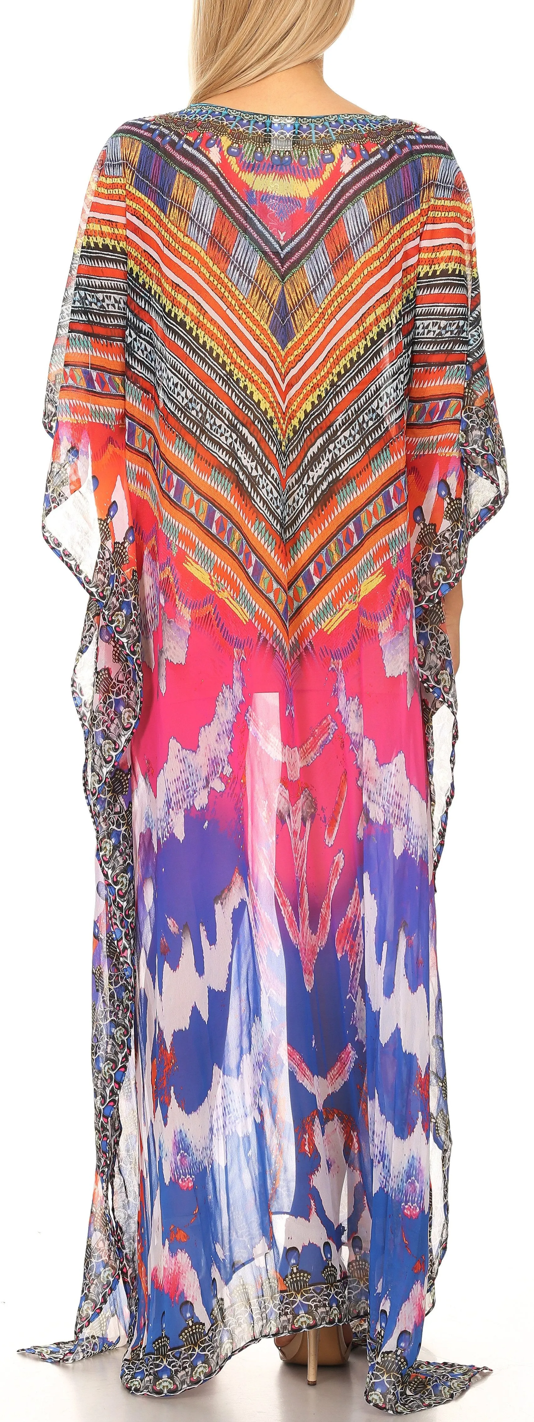 Sakkas Wilder Printed Design Long Sheer Rhinestone Caftan Dress / Cover Up