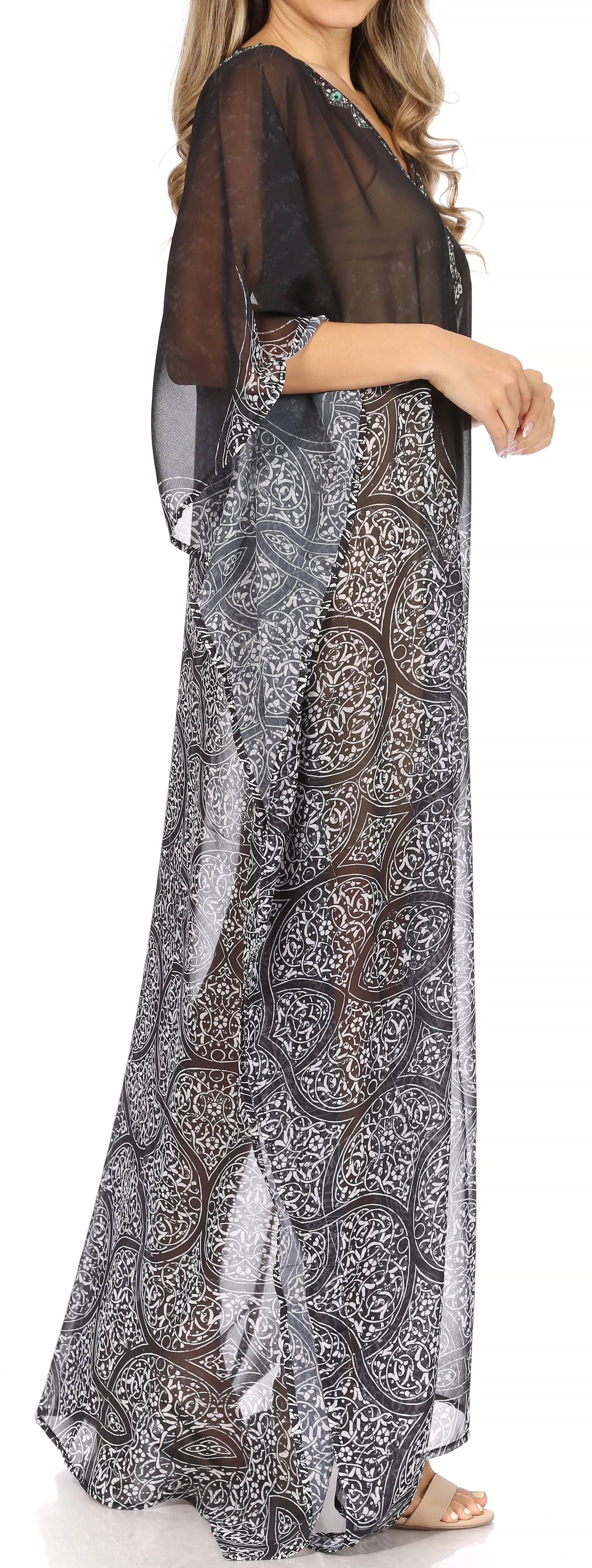 Sakkas Wilder Printed Design Long Sheer Rhinestone Caftan Dress / Cover Up