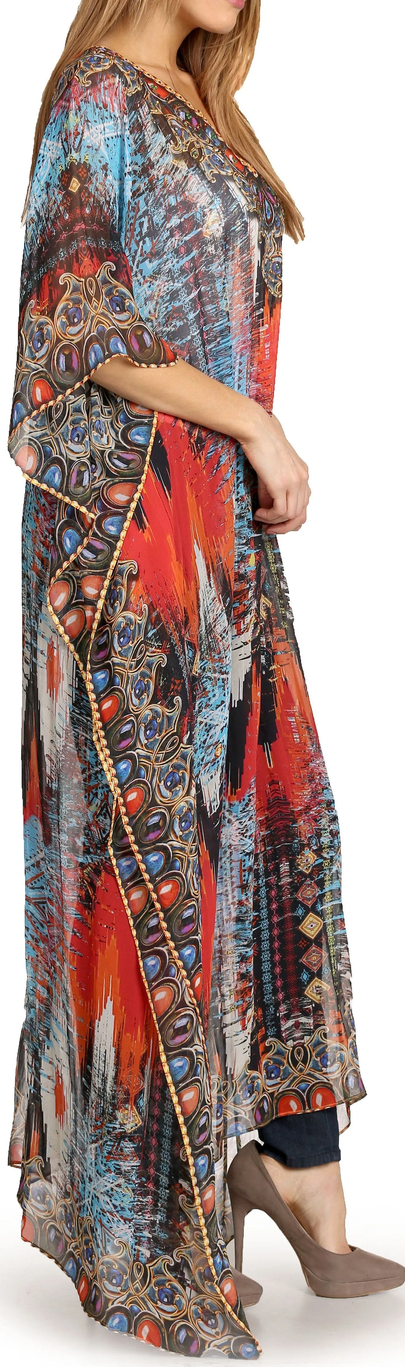 Sakkas Wilder Printed Design Long Sheer Rhinestone Caftan Dress / Cover Up