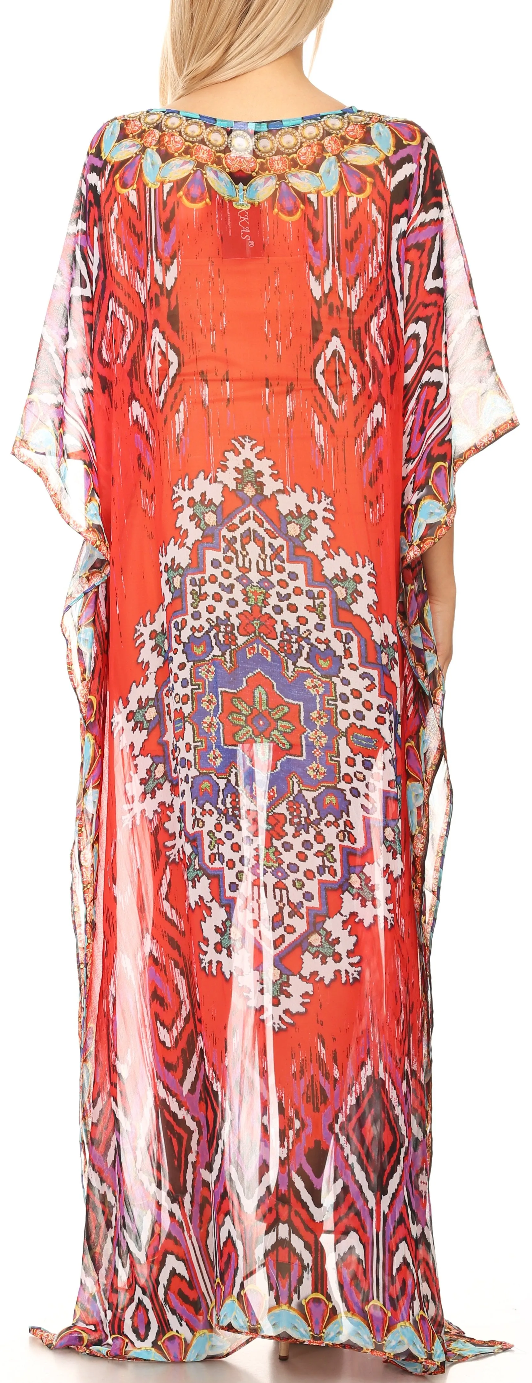 Sakkas Wilder Printed Design Long Sheer Rhinestone Caftan Dress / Cover Up