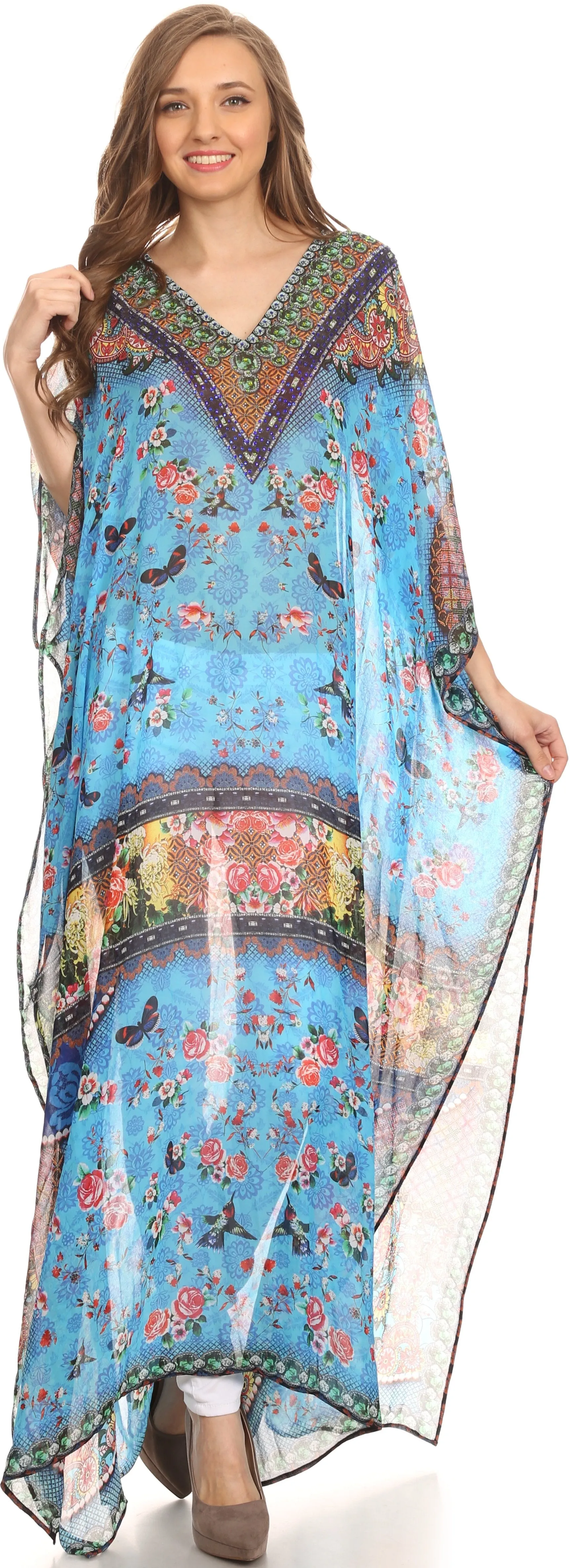 Sakkas Wilder Printed Design Long Sheer Rhinestone Caftan Dress / Cover Up