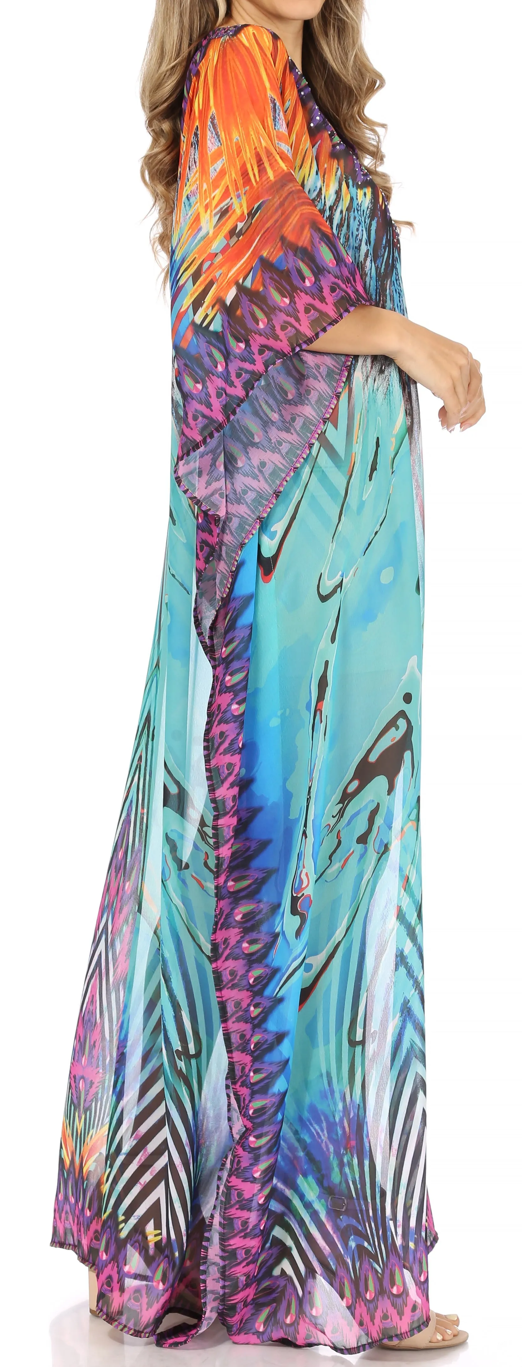 Sakkas Wilder Printed Design Long Sheer Rhinestone Caftan Dress / Cover Up