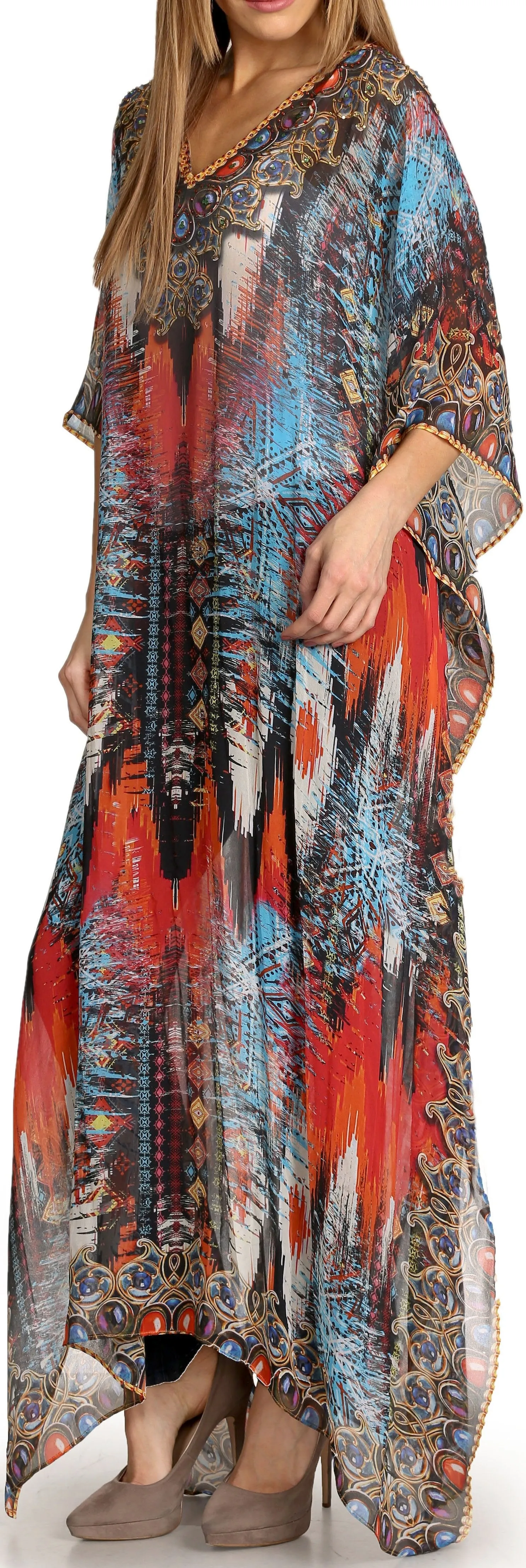 Sakkas Wilder Printed Design Long Sheer Rhinestone Caftan Dress / Cover Up