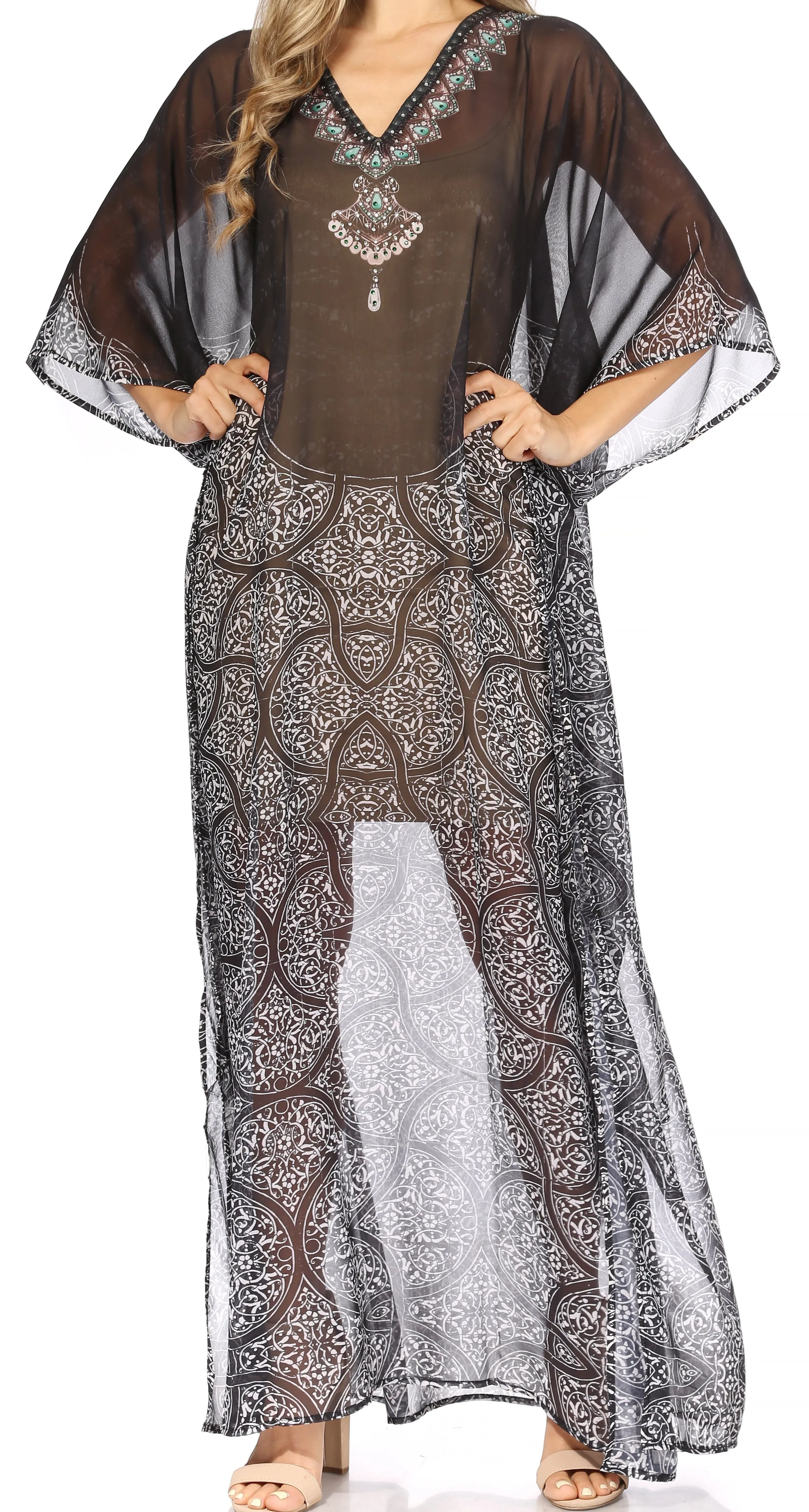 Sakkas Wilder Printed Design Long Sheer Rhinestone Caftan Dress / Cover Up