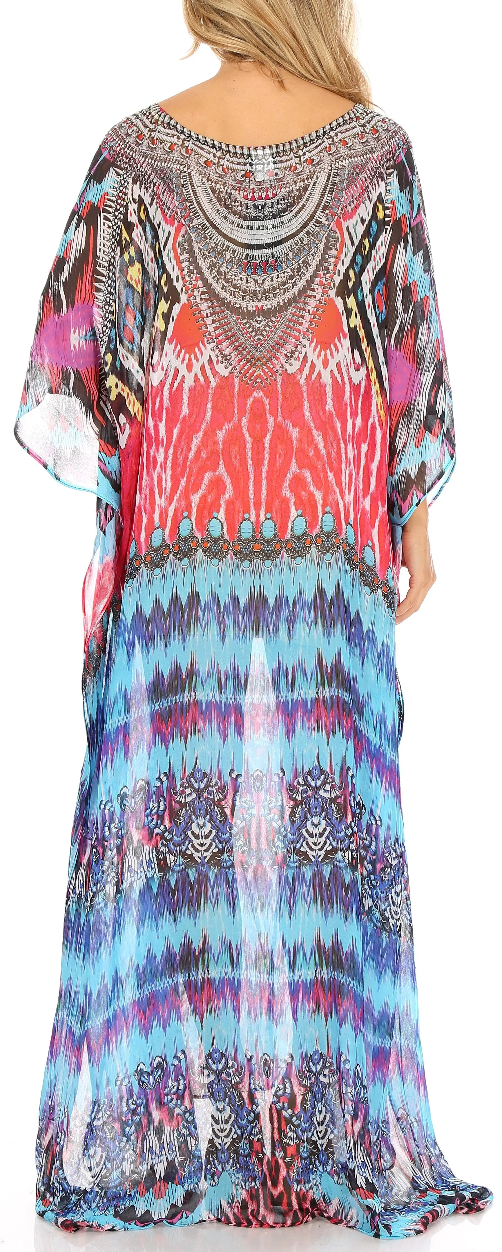 Sakkas Wilder Printed Design Long Sheer Rhinestone Caftan Dress / Cover Up