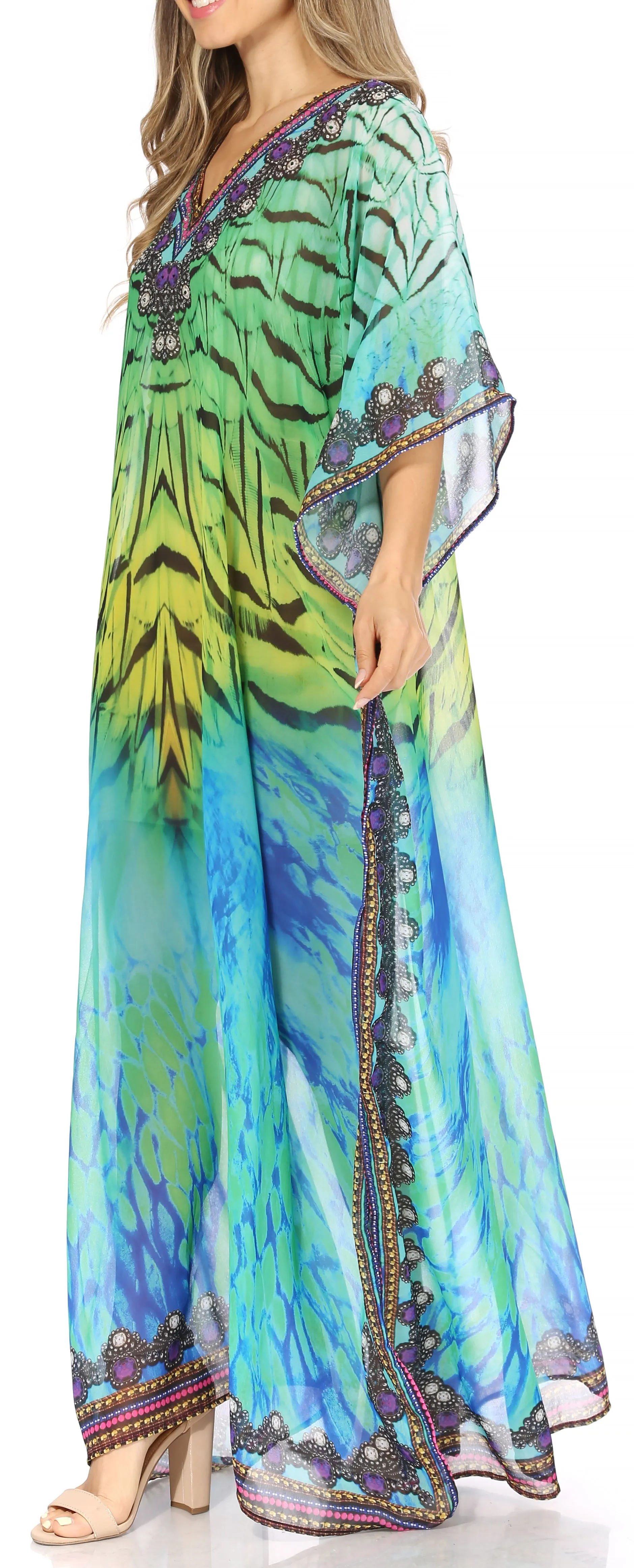 Sakkas Wilder Printed Design Long Sheer Rhinestone Caftan Dress / Cover Up