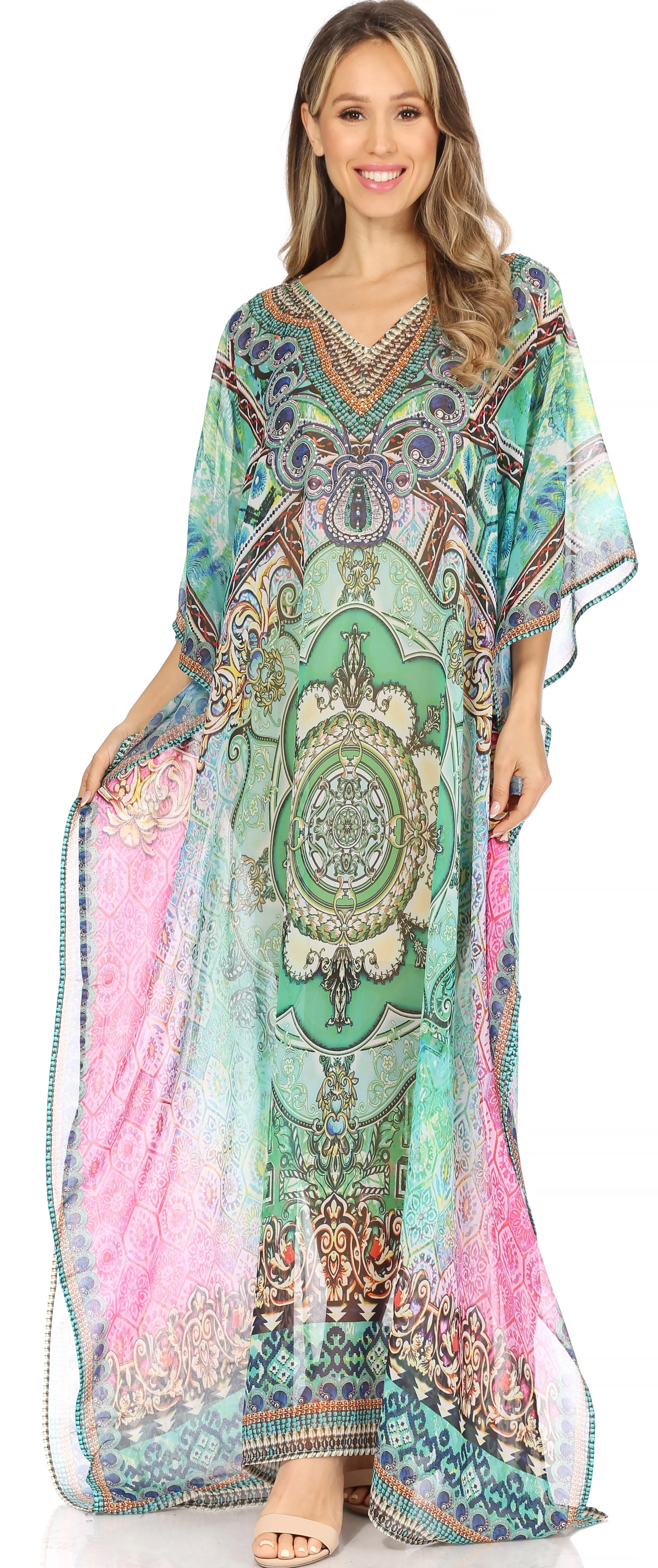 Sakkas Wilder Printed Design Long Sheer Rhinestone Caftan Dress / Cover Up